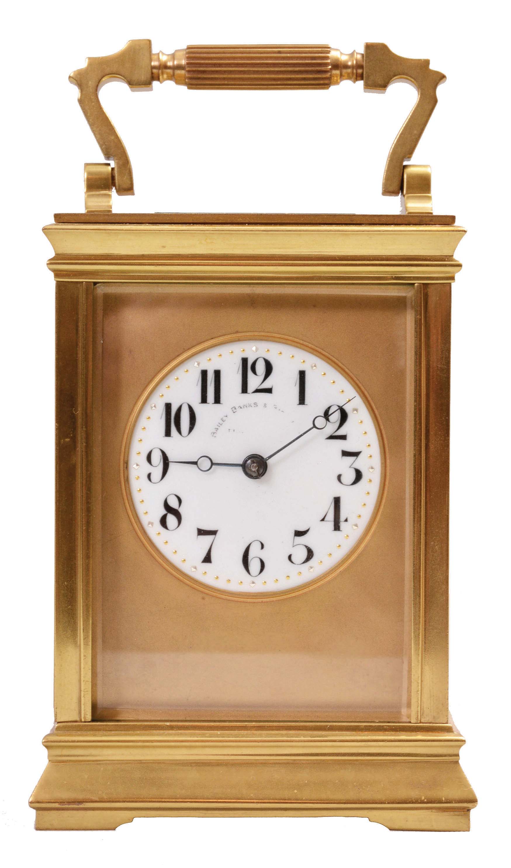 Couaillet Freres, France for Bailey, Banks &amp; Biddle, Philadelphia, carriage clock, 8 day, time and strike, spring-driven movement with lever escapement in a polished brass Anglaise case with five beveled glasses, white porcelain dial with Arabic numerals and blued steel Breguet hands, all in original leather carrying case. — Antique Clocks Price Guide