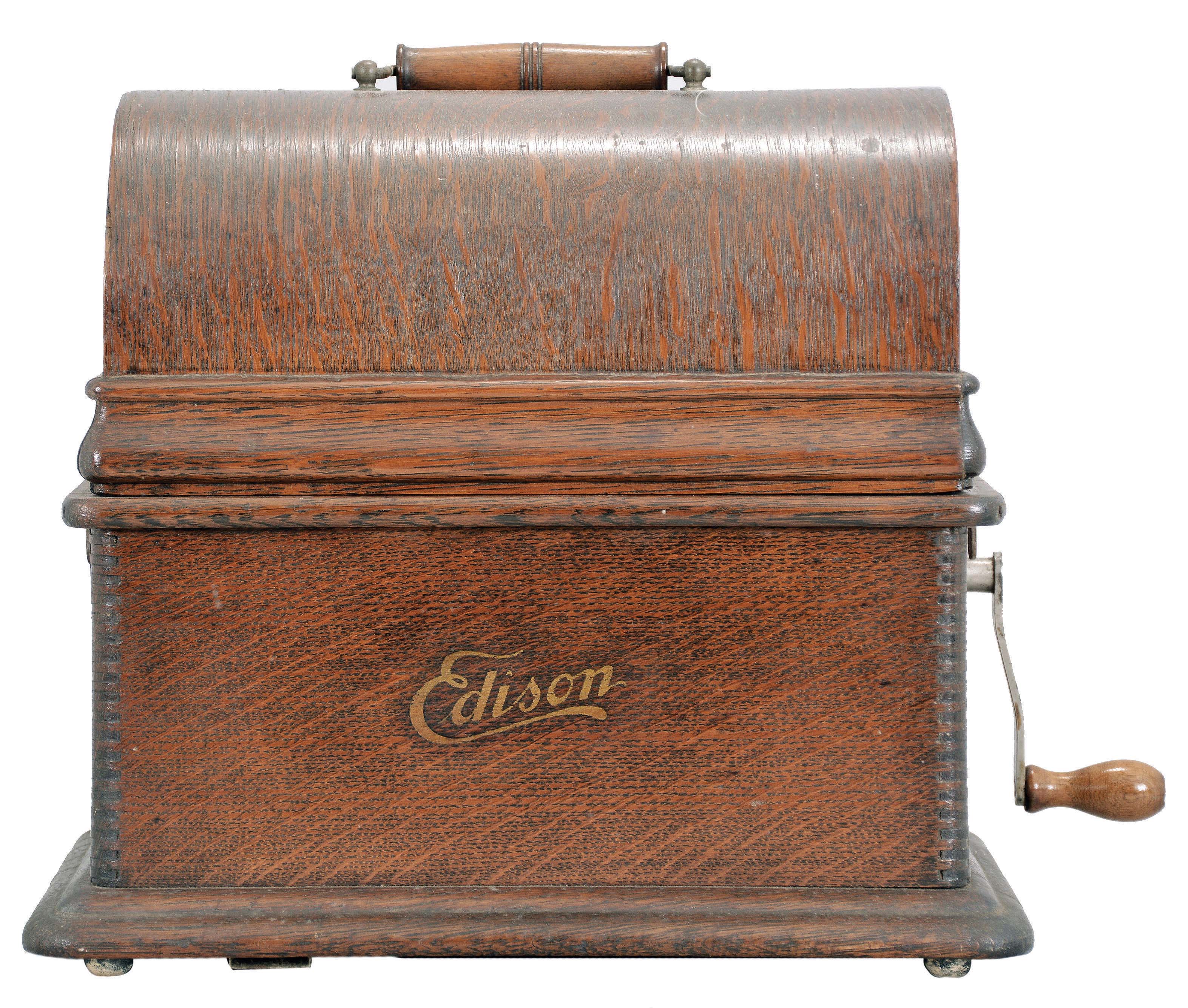 Thomas A. Edison, Orange, NJ "Standard" model cylinder phonograph in an oak case with black tin "witch's hat" horn and 22 assorted cylinders. — Antique Clocks Price Guide