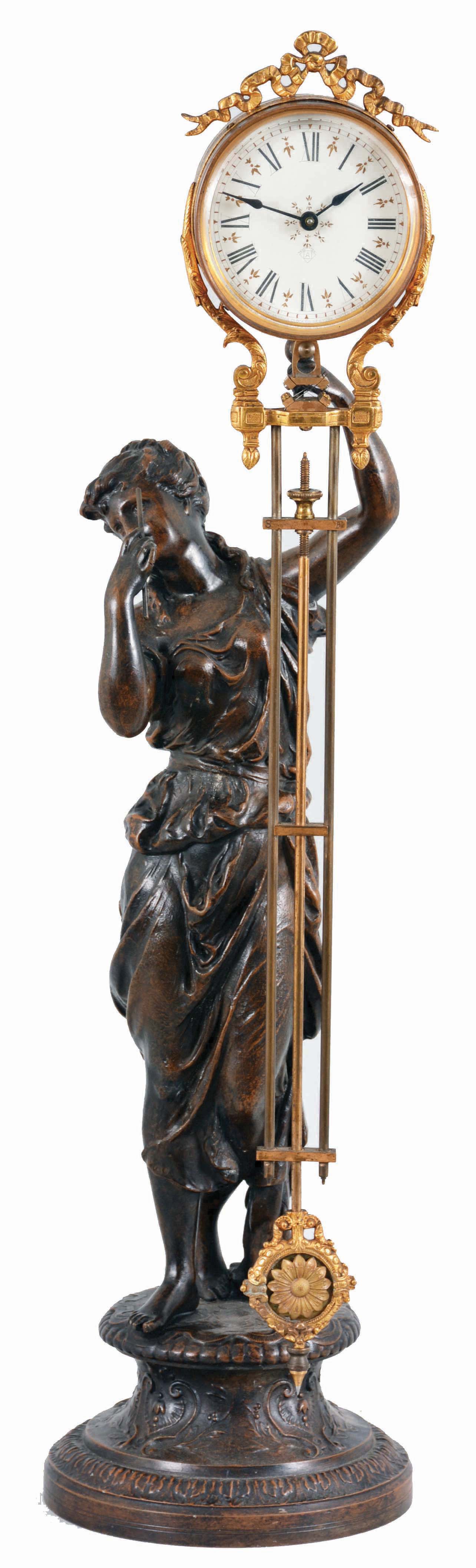 Ansonia Clock Co., New York, "Juno Swing", figural shelf clock, 8 day, time only, spring driven movement in a bronze finished cannister case supported by a statue of the Roman goddess Juno — Antique Clocks Price Guide