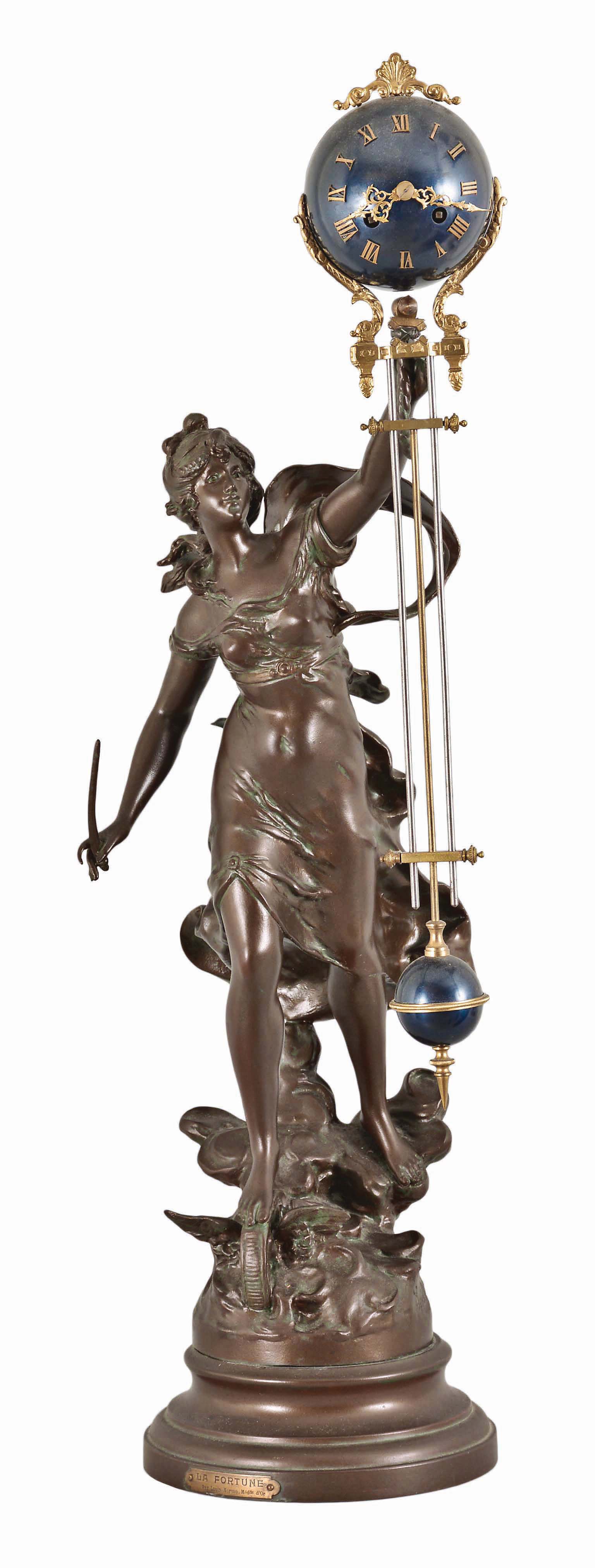 France, a large figural swinging clock, the female figure after "La Fortune" by Louis Moreau, her left foot on a cloud, the right on the winged wheel representing progress and technology, and holding the clock aloft in her left hand, the 8 day, time and strike movement contained in the blue, upper sphere, and mounted with gilt Roman numerals and Louis XV style hands, and three rod gridiron style connection to the smaller, lower ball — Antique Clocks Price Guide