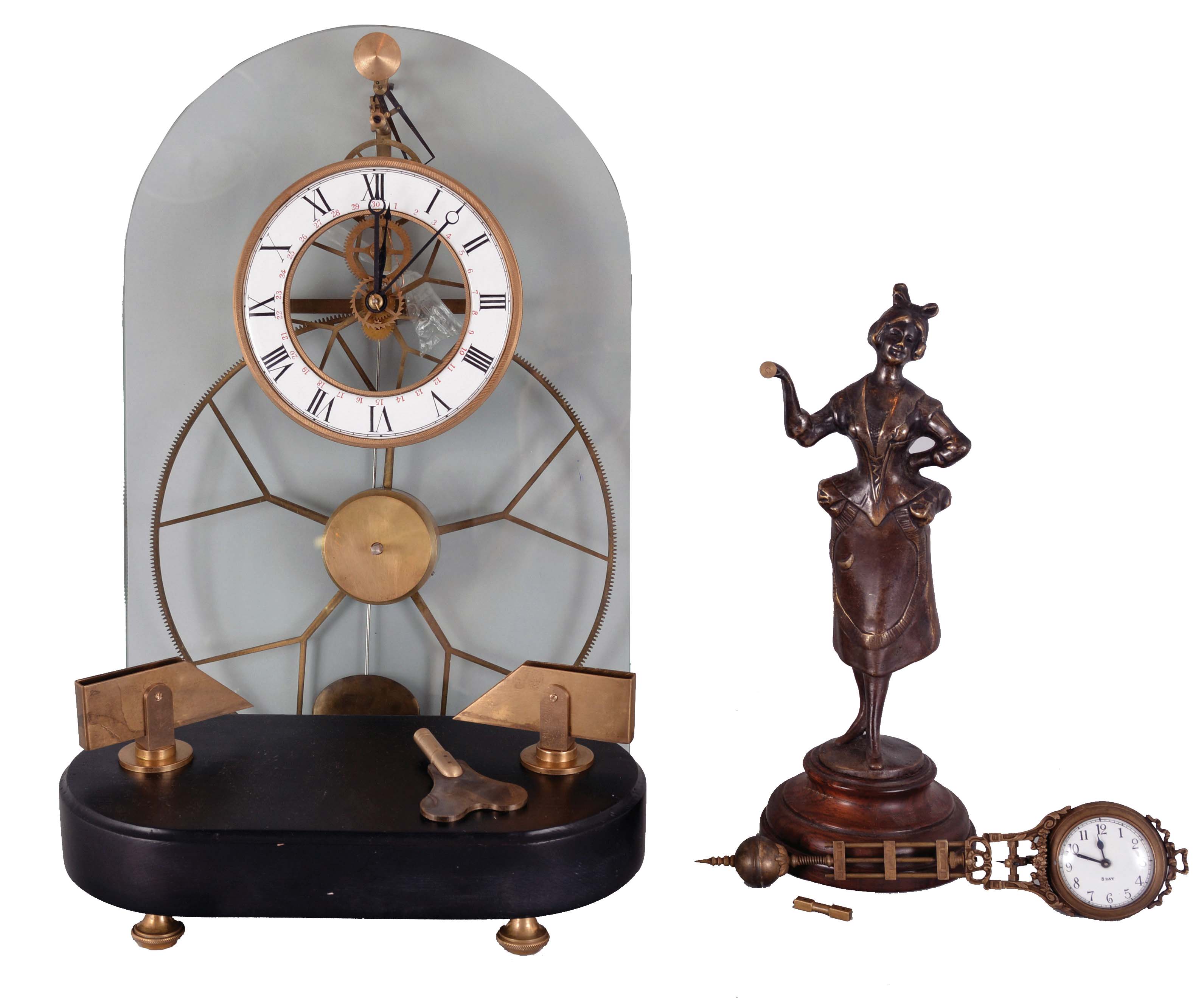 Clocks- 2 (Two) Reproduction: Chinese glass plate skeleton clock and a reproduction Diana Swinger. — Antique Clocks Price Guide