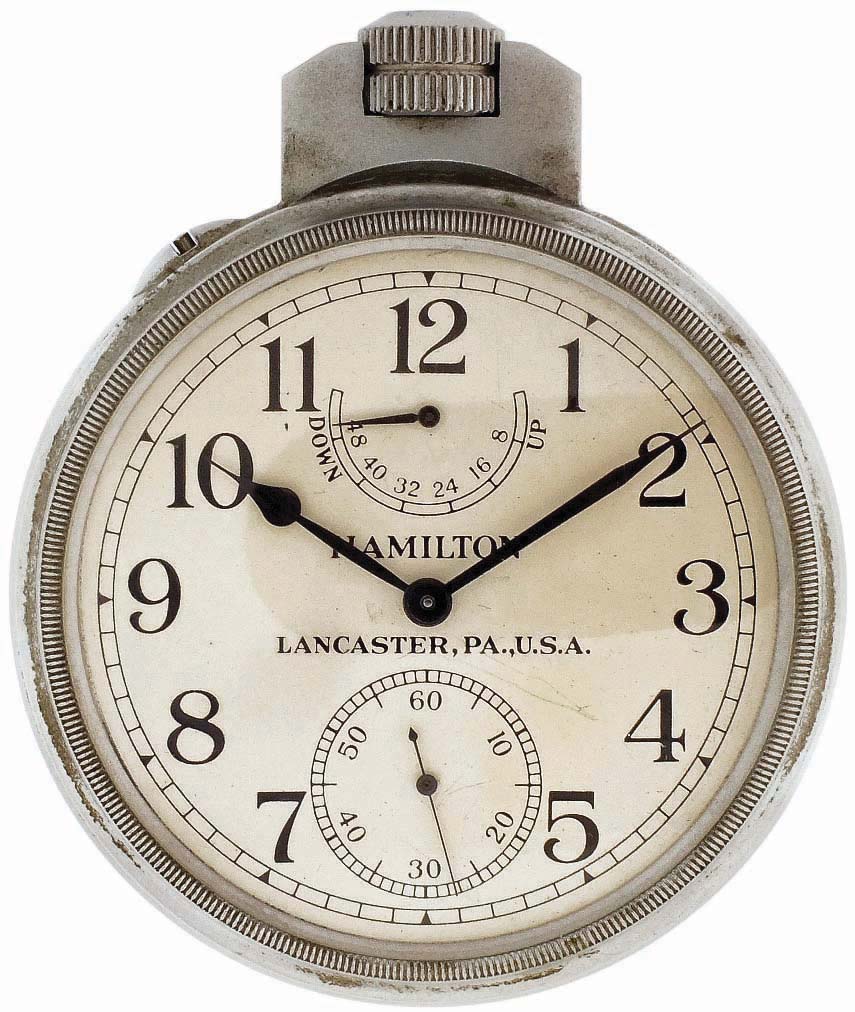 Hamilton Watch Co., Lancaster, Penn., model 22 chronometer watch with wind indicator, 35 size, 21 jewels, stem wind, stem/ pin set, adjusted to 6 positions and temperature straight line damascened nickel plate movement, with lever escapement and micrometric regulator, Arabic numeral silvered metal dial, black steel spade and poker hands, serial #2F22470, c1940 — Antique Clocks Price Guide
