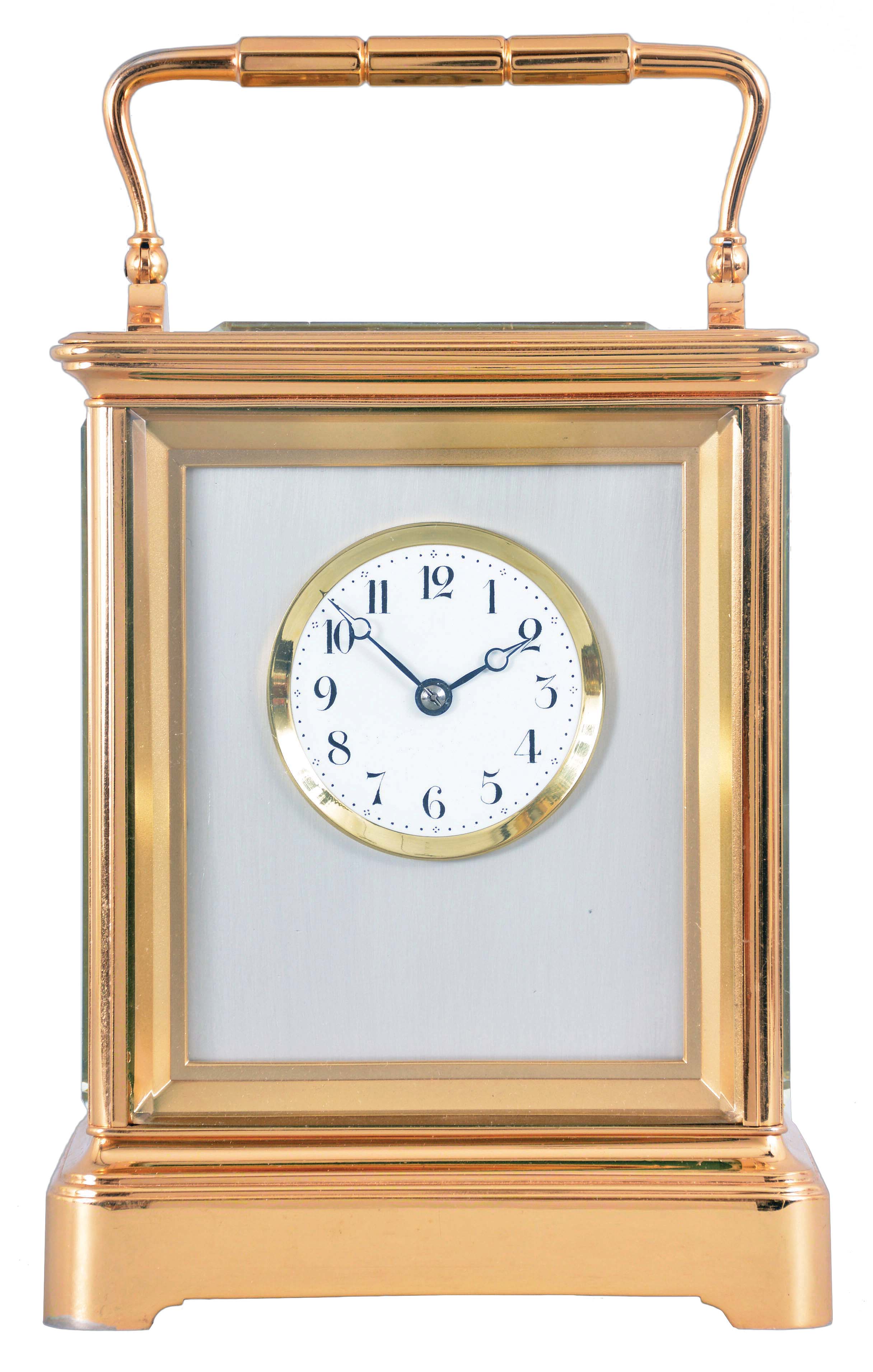 France, a giant carriage timepiece of 60 day duration, gilt Corniche case with beveled glasses, Arabic numeral white enamel dial with matte, silvered mask, blued steel Breguet style hands, brass, long duration movement with large lever platform — Antique Clocks Price Guide