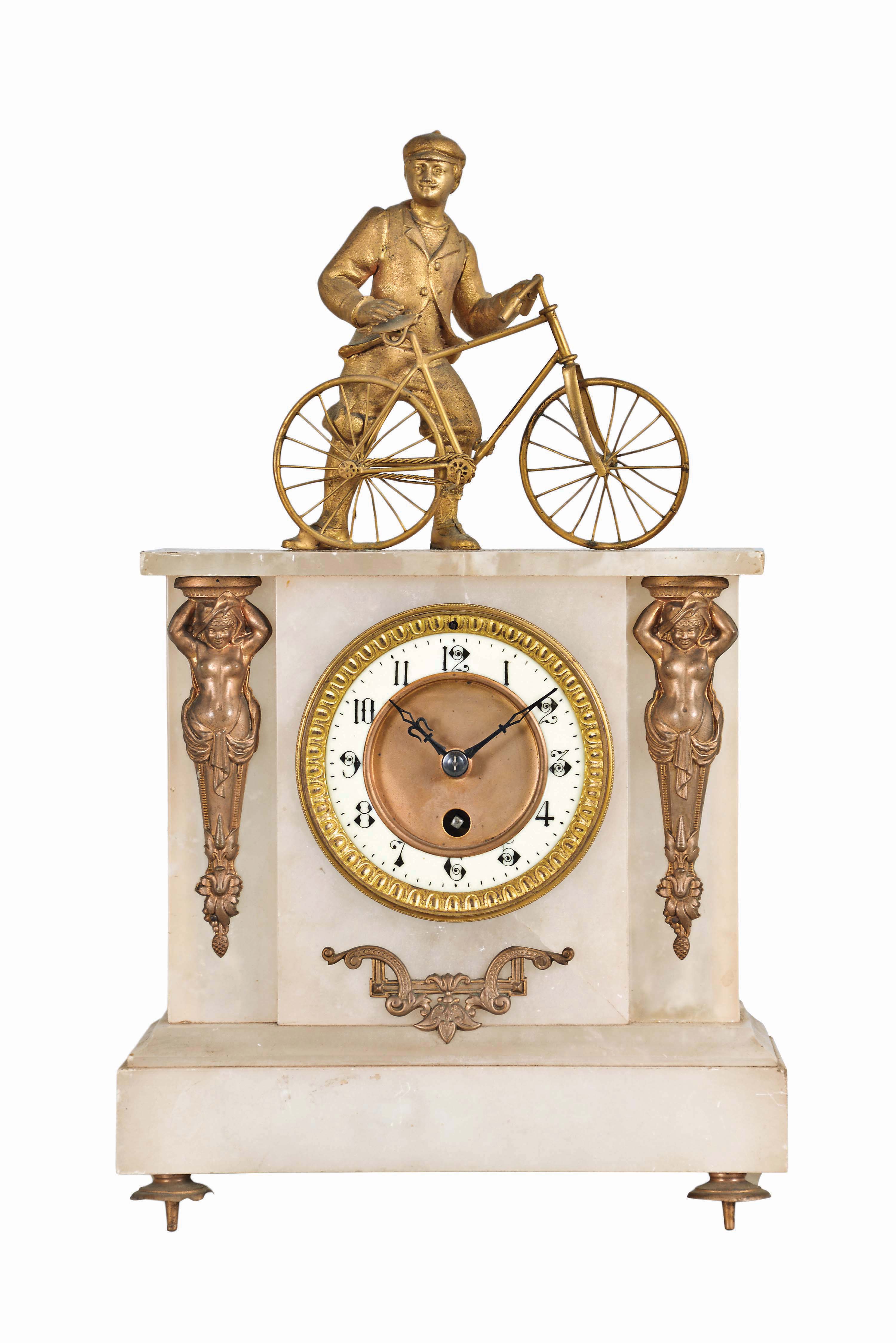 France, 8 day, time spring brass movement alabaster mantel timepiece with statue of a man and his bicycle. — Antique Clocks Price Guide
