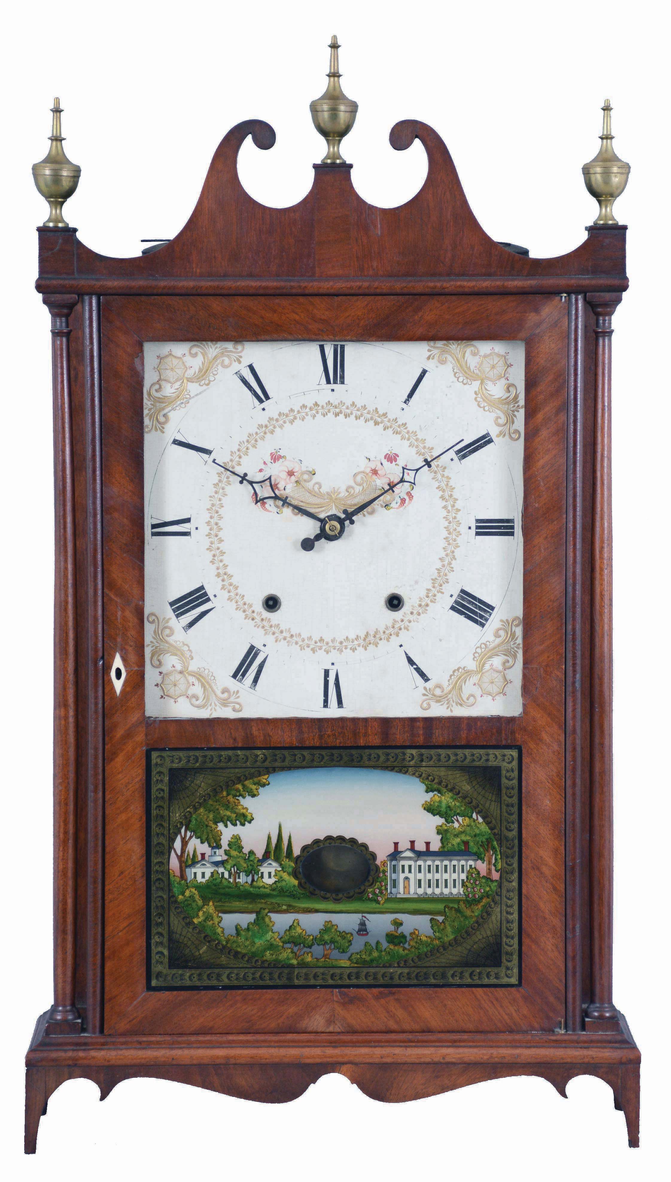 Seth Thomas Clock Co., Plymouth Hollow, Conn., 30 hour, time and strike, weight driven wood movement pillar &amp; scroll shelf clock. — Antique Clocks Price Guide