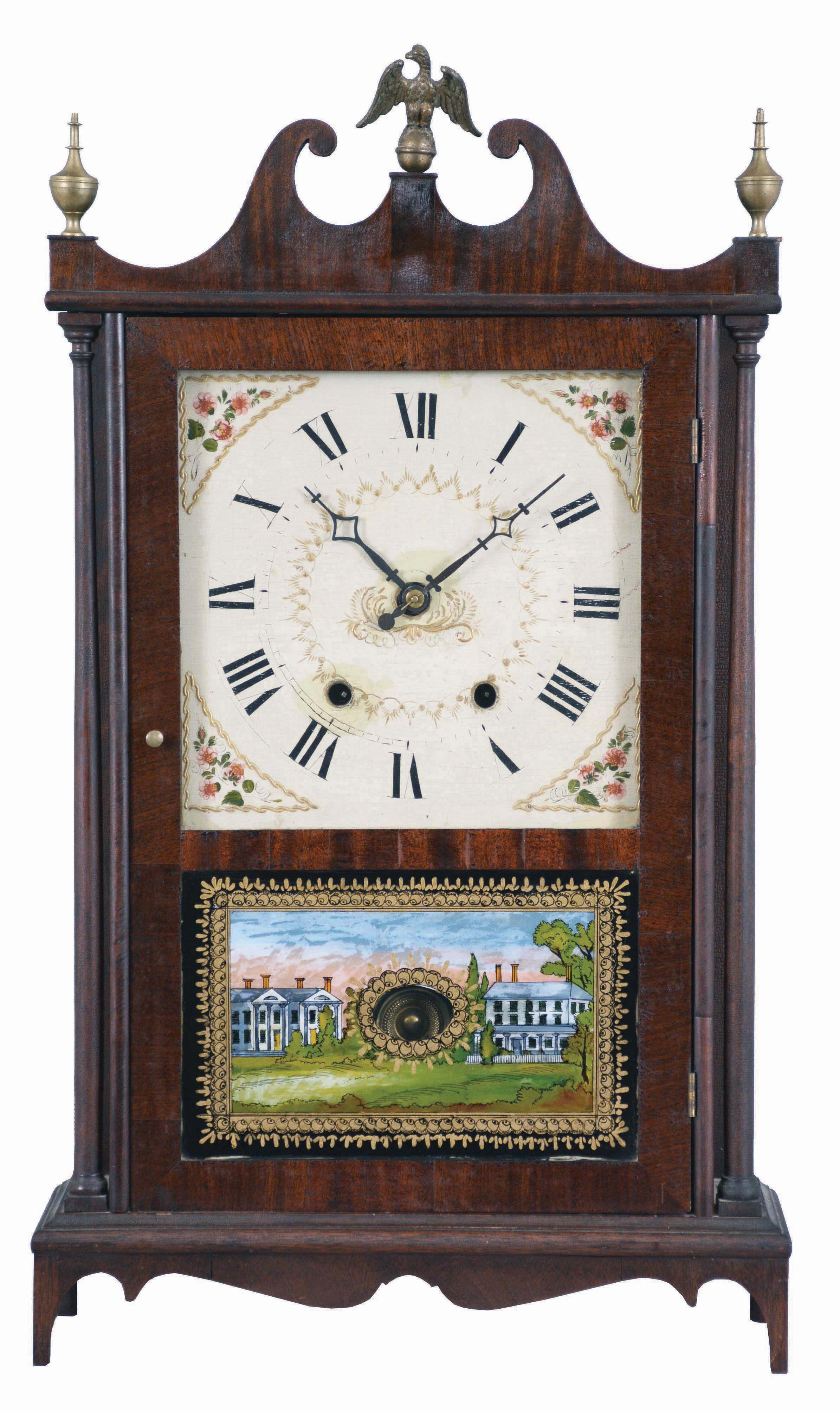 Mark Leavenworth, Waterbury, Conn., 30 hour, time and strike, weight wood movement pillar &amp; scroll shelf clock. — Antique Clocks Price Guide
