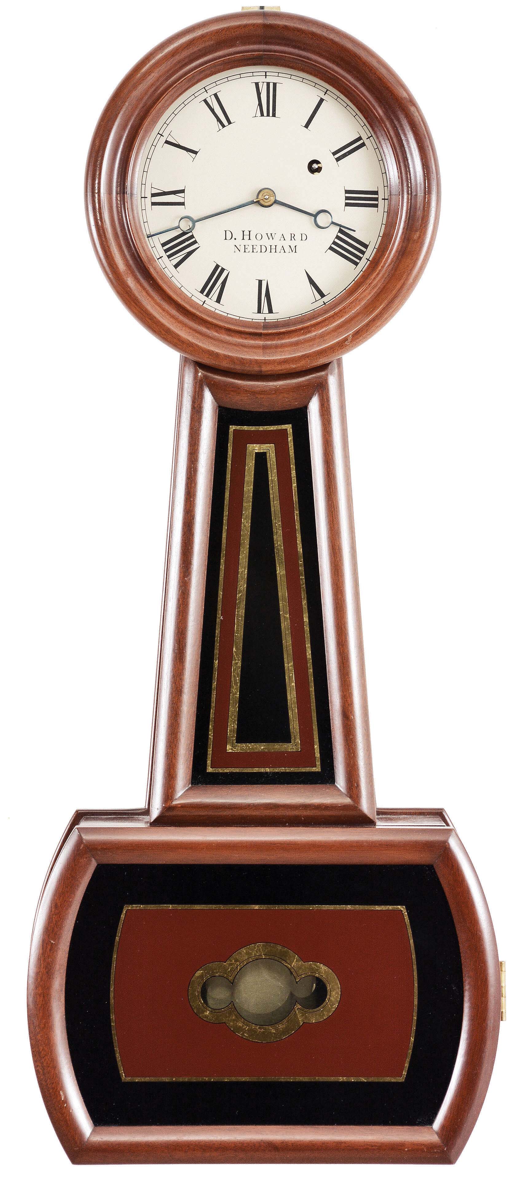 Howard, Waltham, Mass., reproduction E. Howard "Regulator No. 5", banjo clock, 8 day, time only, weight driven movement in a walnut case with reverse painted glasses, painted metal dial signed "D. Howard / Needham" with blued steel hands. — Antique Clocks Price Guide