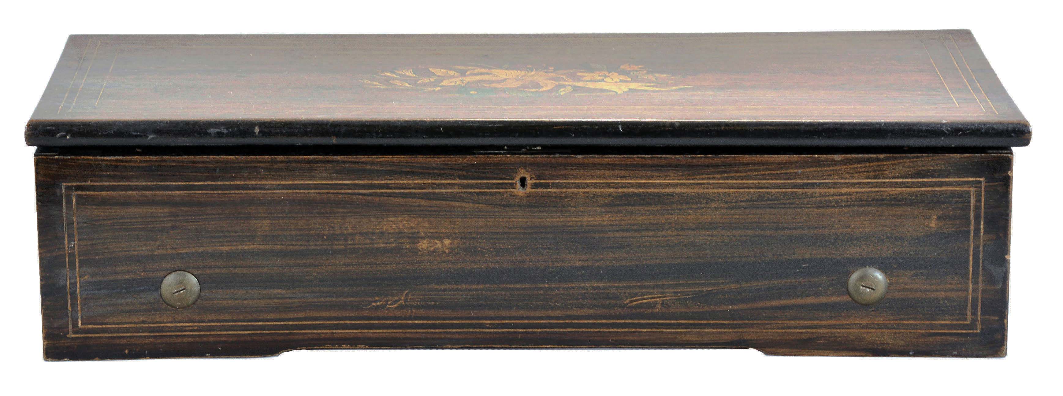 Swiss, 8 tune, music box with rosewood veneered top with marquetry inlay featuring flowers, grain painted sides with inlay in the front and ebonized inside of the lid with a tune card, 13 inch cylinder with one piece comb. — Antique Clocks Price Guide
