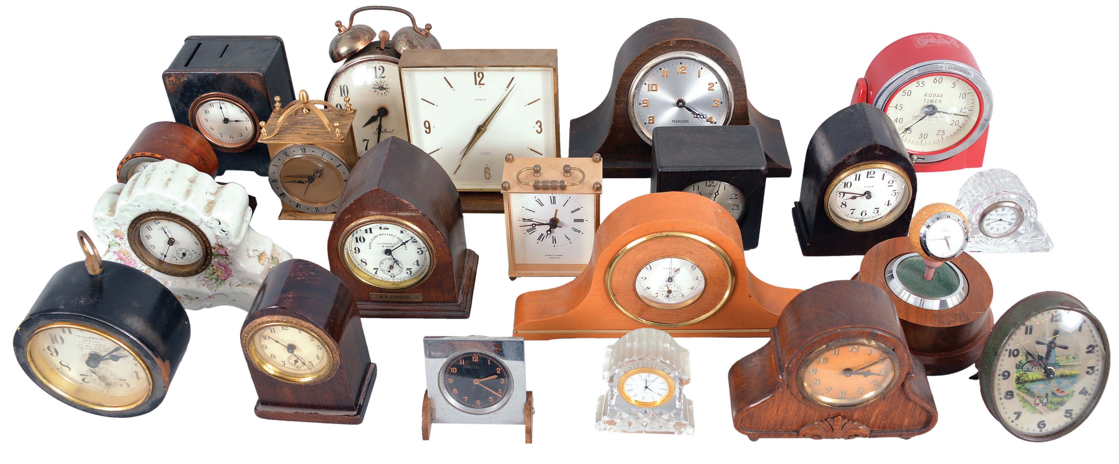 Clocks- 40 (Forty) Desk Clocks: a wide assortment of antique, vintage, and modern desk clocks with makers including Jaccard Freres, New Haven, Lux, Angelus, Semca, Peerless, Kodak, Phinney-Walker, Europa, Linden, Waterbury, DeFrece, Westclox, and others — Antique Clocks Price Guide