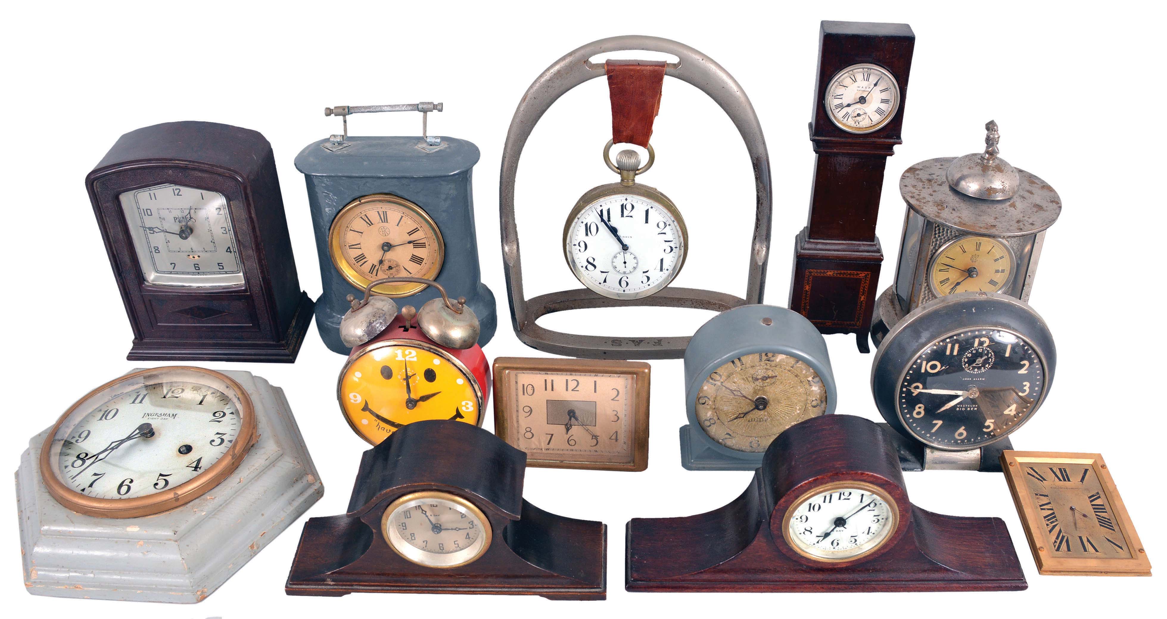 Clocks- 24 (Twenty-four) Small Clocks: large assortment of clocks including many antique and vintage travel clocks, alarm, and novelty clocks by makers such as Kroeber, Seth Thomas, Peerless, Westclox, Ingraham, Bulova, Waltham, and more. — Antique Clocks Price Guide