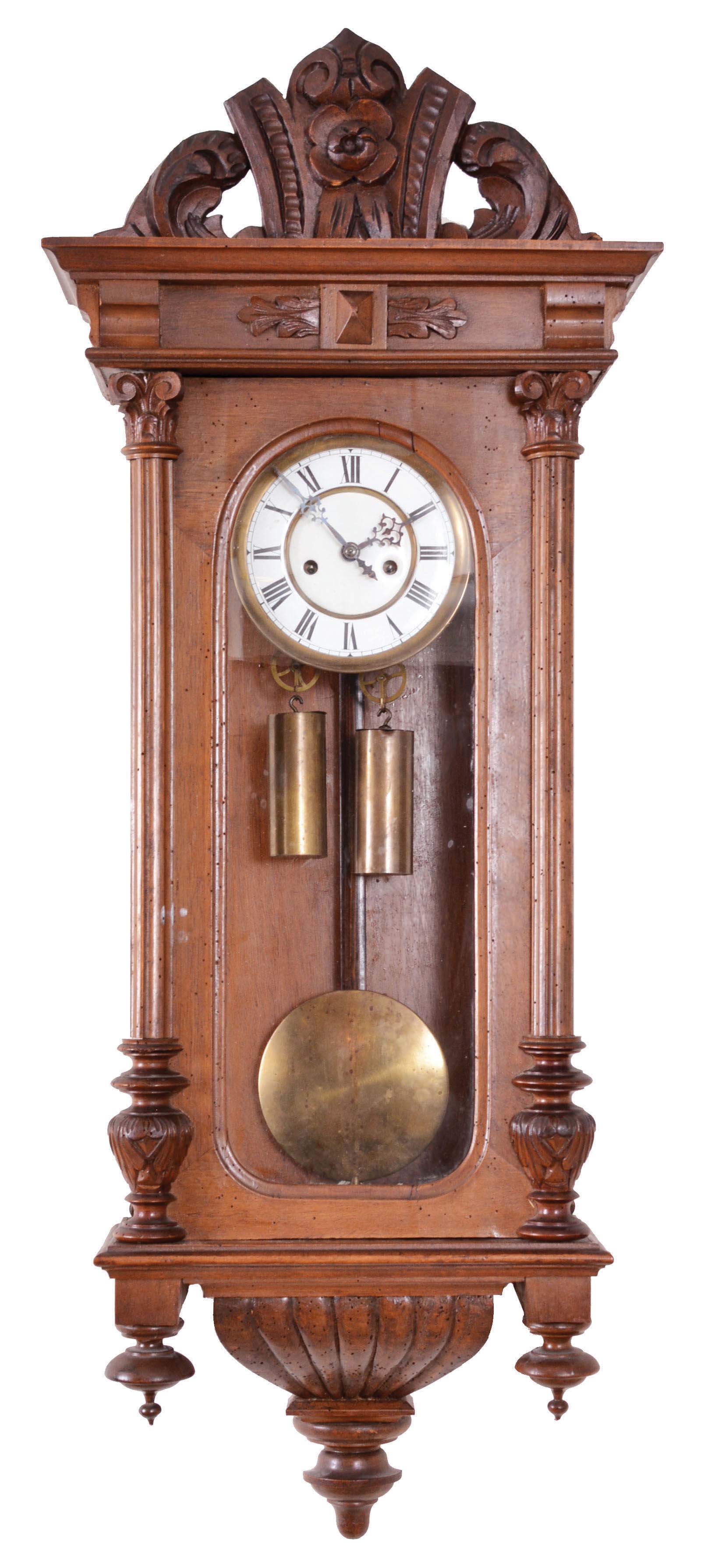 Clocks- 3 (Three) German Hanging Clocks: (1) Gustav Becker, Germany, two weight Vienna regulator, 8 day, time and strike movement in a walnut case, signed Medaille D'Or movement, serial number 318673; (2) Neuhaus &amp; Becker, Elberfeld, Germany, RA clock, 8 day, time and strike movement in a walnut case; (3) Germany, box clock with crest, 8 day, time and strike steel plate movement in an walnut case. — Antique Clocks Price Guide