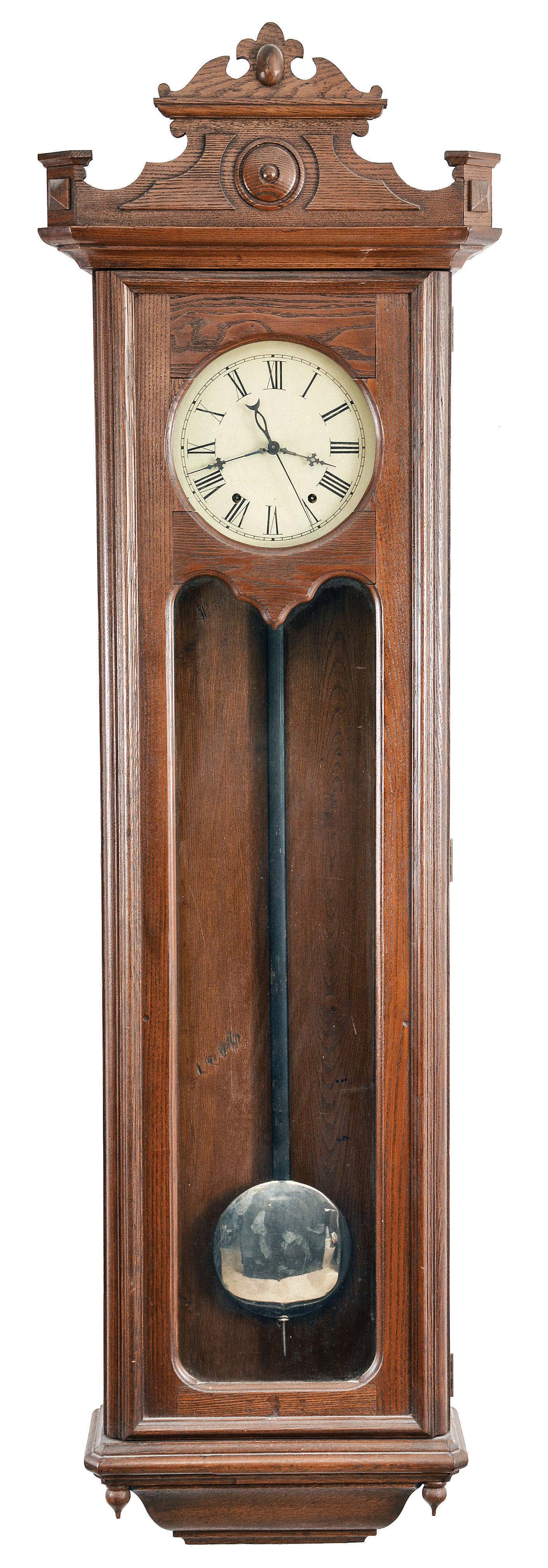 Large American wall clock with a double weight driven sweep second timepiece movement in a chestnut case. — Antique Clocks Price Guide