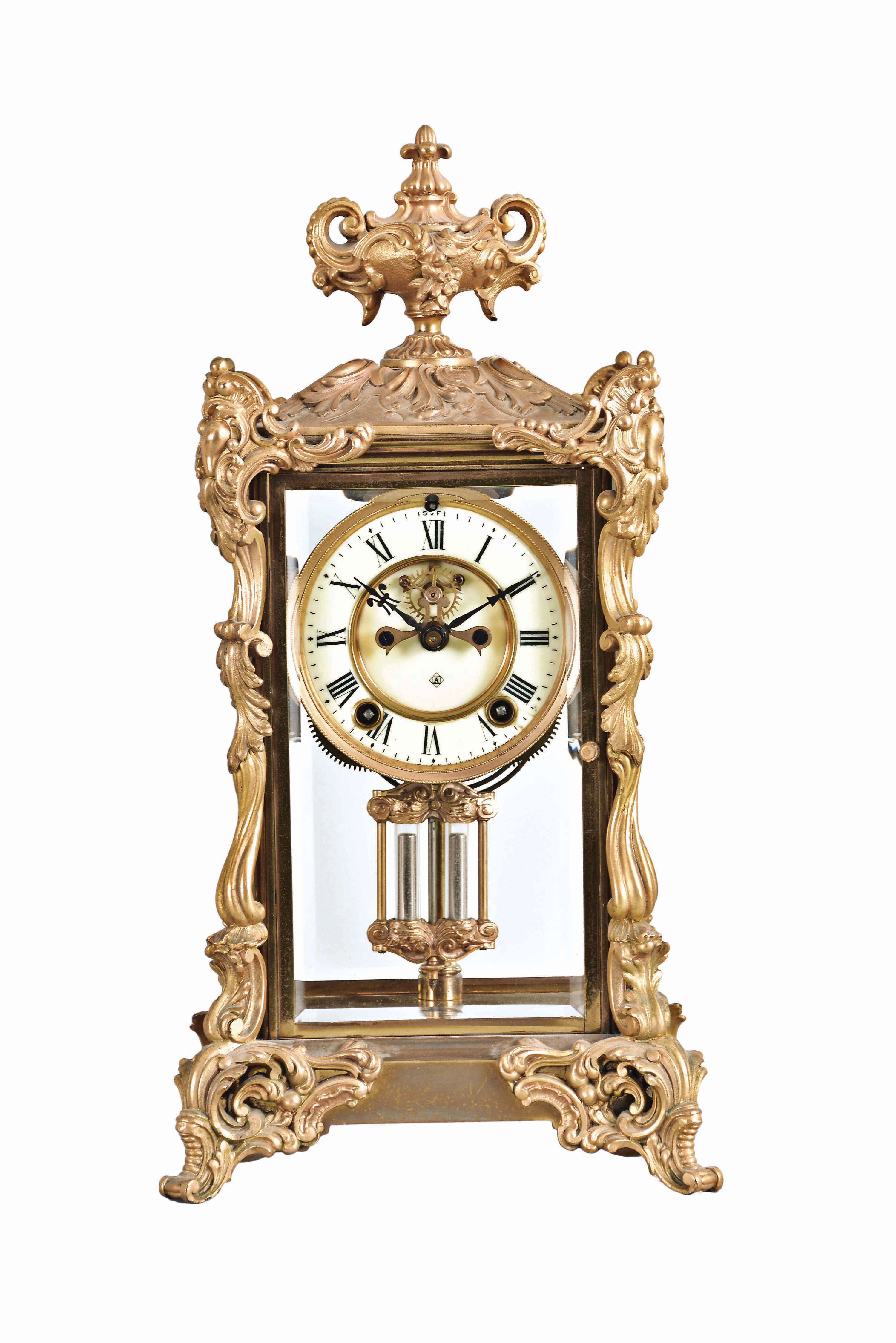 Ansonia Clock Co., New York, "Viscount", 8 day, time and strike, spring brass movement crystal regulator mantel clock. — Antique Clocks Price Guide