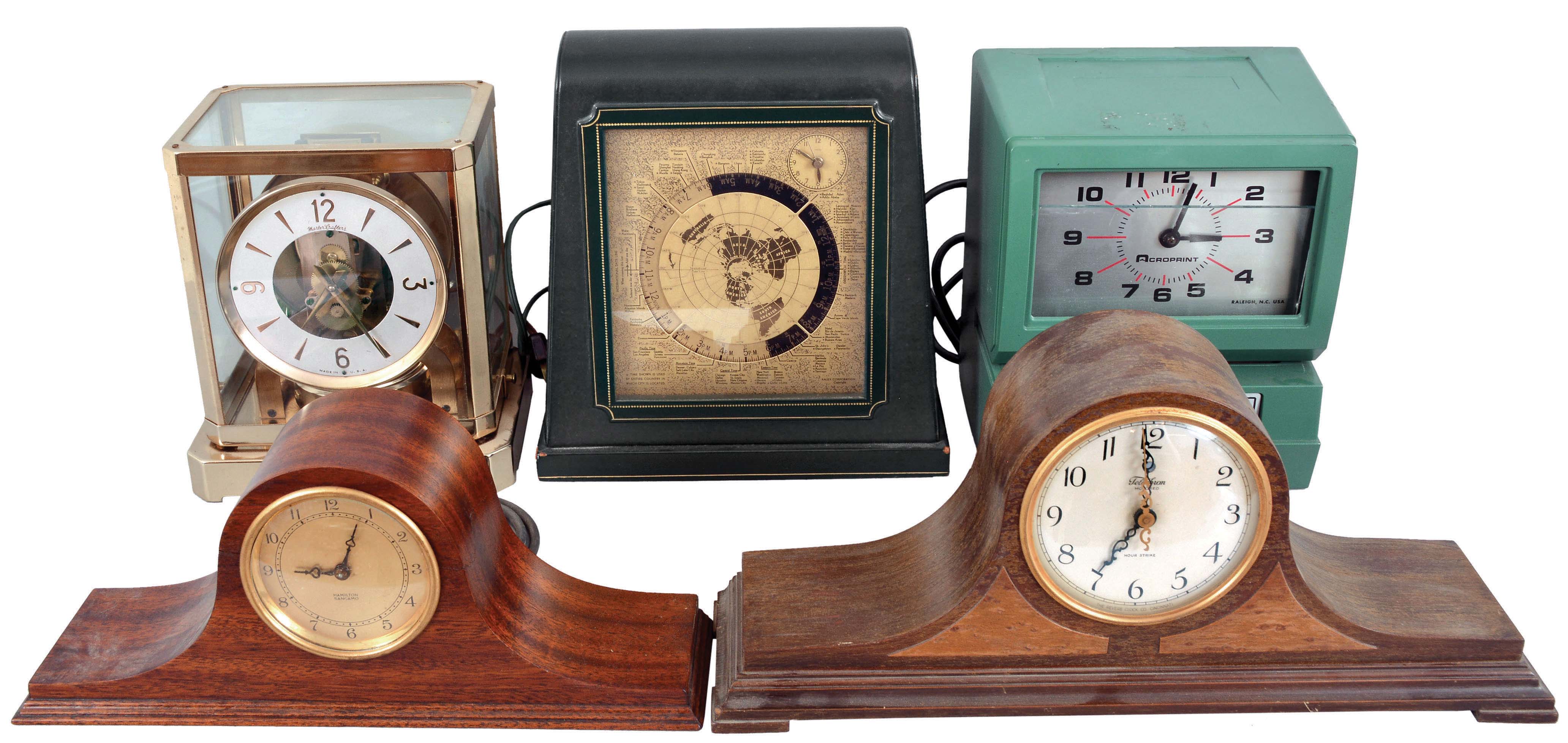 Clocks- 19 (Nineteen) Electric Clocks: assortment of electric clocks by makers including Mastercrafters Kalex, Acroprint, Telechron, Sangamo, IBM, General Electric, Jefferson, Hamilton, Chelsea, Stromberg, Waterbury, and Waltham. — Antique Clocks Price Guide