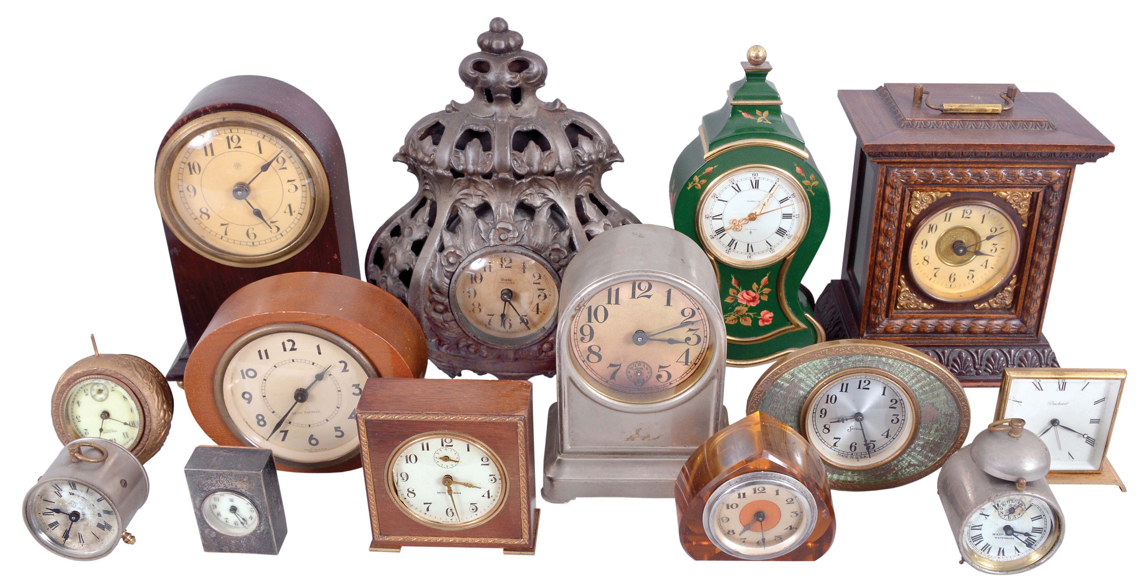 Clocks- 26 (Twenty-six) Desk and Novelty: many small clocks by makers including Westclox, Gubelin, Waterbury, Sprague &amp; Co., Junghans, Seth Thomas, LeCoultre, Ansonia, Welch, Keebler, Imhof, Waltham, and others. — Antique Clocks Price Guide