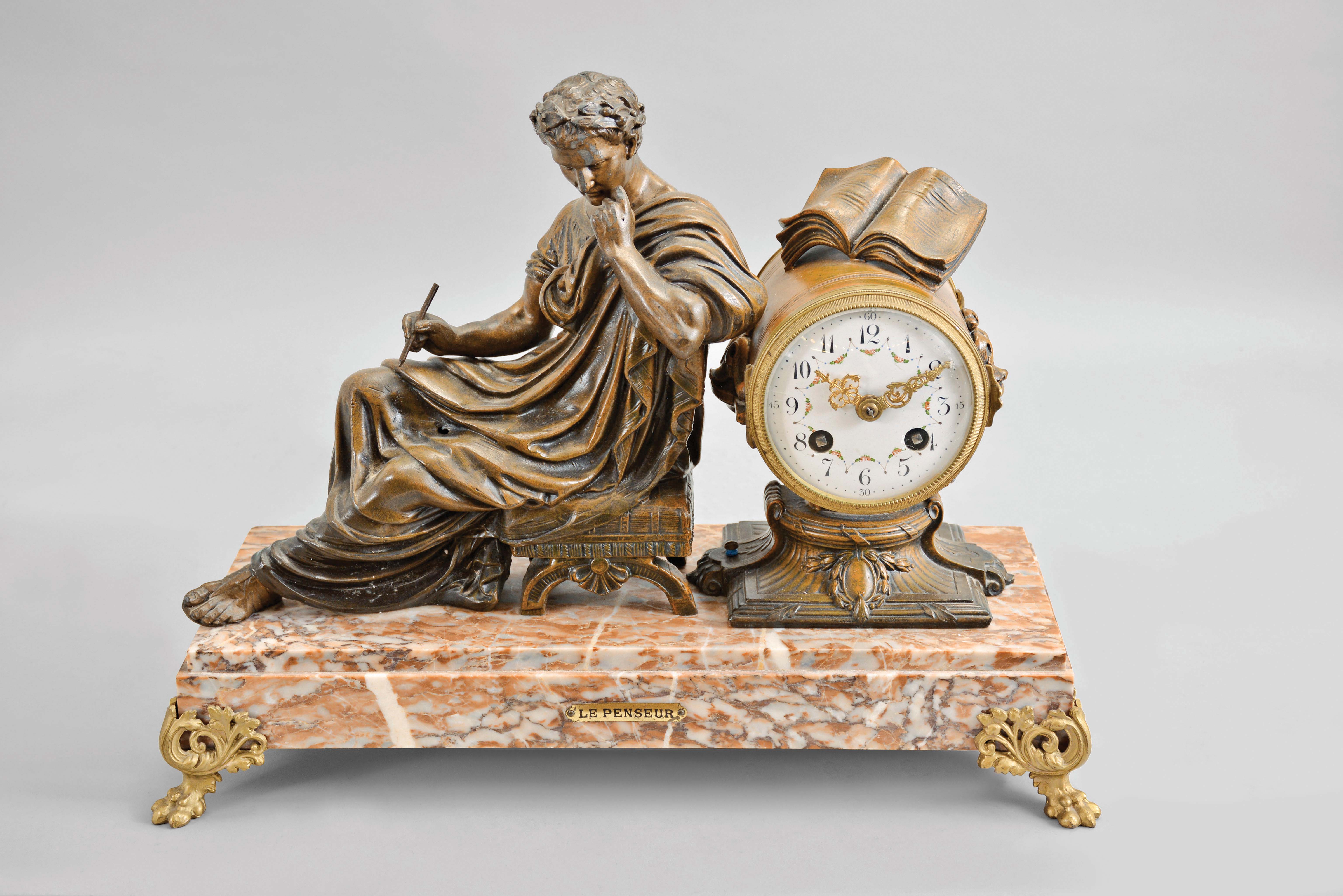 French, Marti &amp; Cie, 8 day, time and strike, spring brass movement figural mantel clock. — Antique Clocks Price Guide
