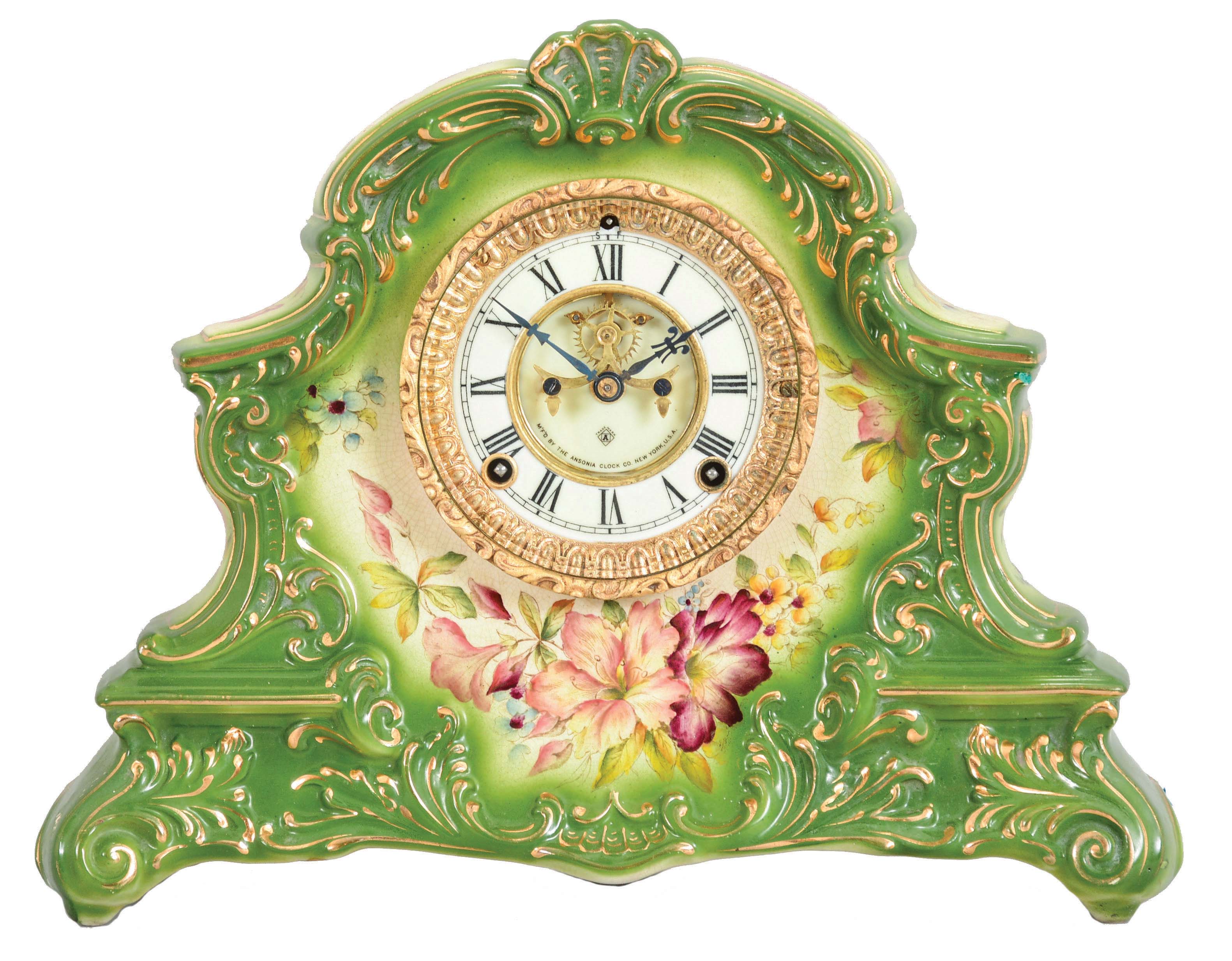 Ansonia Clock Co., New York, "Peconic", 8 day, time and strike, spring brass movement porcelain mantel clock with visible escapement movement. — Antique Clocks Price Guide