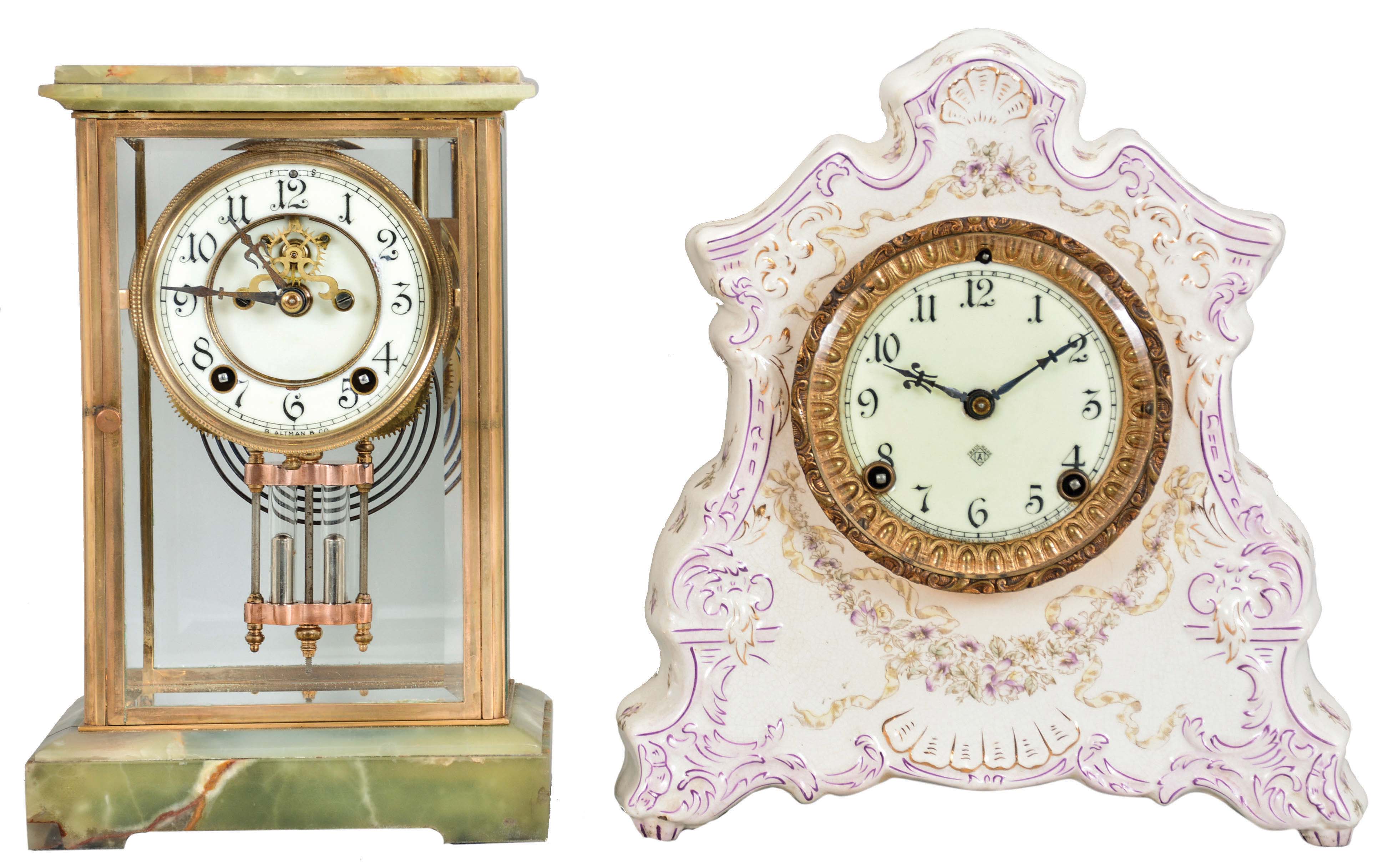 Clocks- 2 (Two): (1) New Haven Clock Co., New Haven, Conn., 8 day, time and strike, spring brass movement onyx top and bottom crystal regulator with visible escapement, c1911 (2) Ansonia Clock Co., New York, 8 day, time and strike, spring brass movement porcelain mantel clock, c1904 — Antique Clocks Price Guide