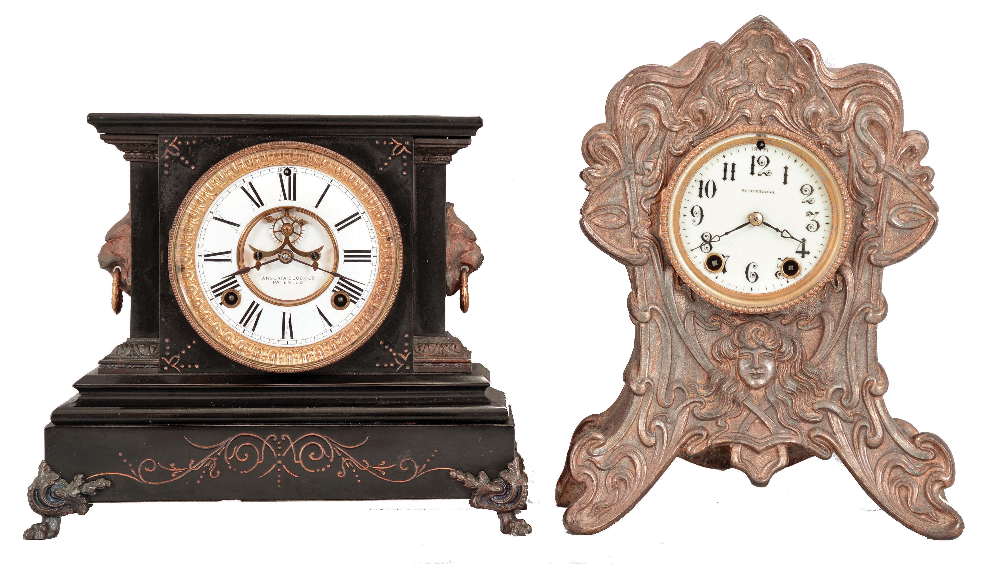 Clocks- 2 (Two): (1) Ansonia Clock Co., New York, "La Duchesse", 8 day, time and strike, spring brass movement enameled cast iron mantel clock, c1886 (2) Seth Thomas Clock Co., Thomaston, Conn., "Fantasy", 8 day, time and strike, spring brass movement cast metal case mantel clock, c1905 — Antique Clocks Price Guide