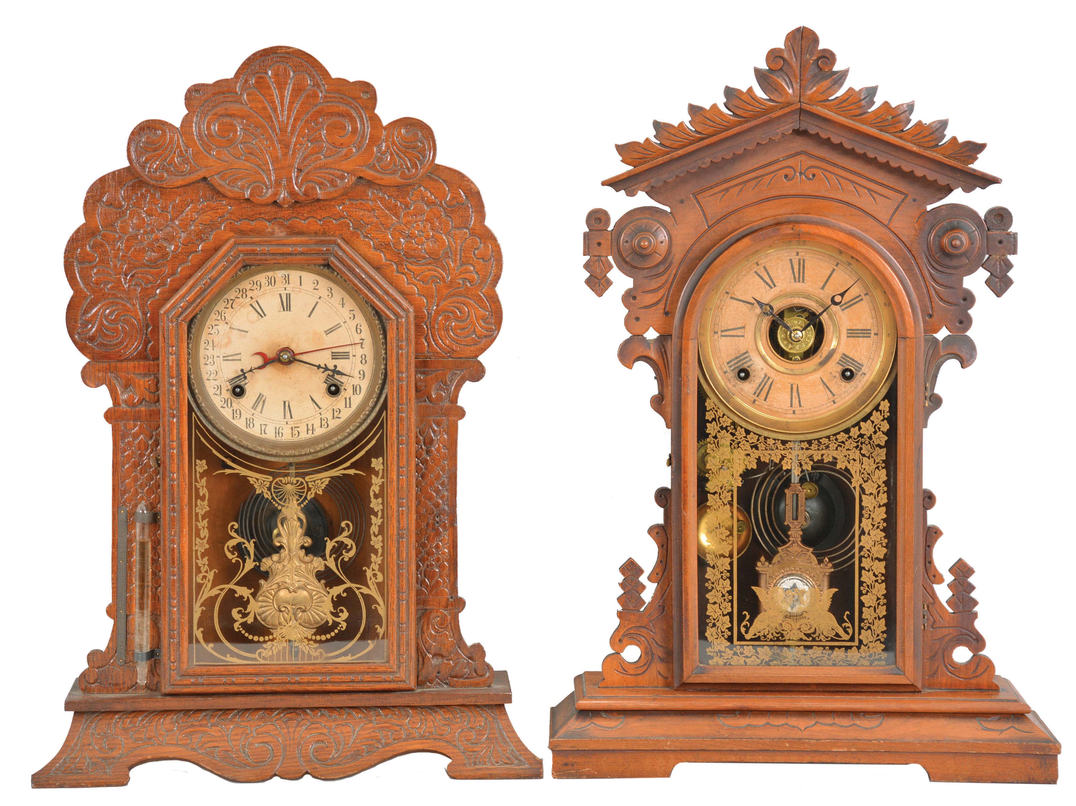 Clocks- 2 (Two): (1) Waterbury Clock Co., Waterbury, Conn., "Dabney", 8 day, time and strike, spring brass movement calendar shelf clock, c1912 (2) E. N. Welch Mfg. Co., Forestville, Conn., 8 day, time, strike and alarm spring brass movement shelf clock. We did not find the shelf version of this model, but there is a hanging version named the "Colby Wringer", c1883 — Antique Clocks Price Guide