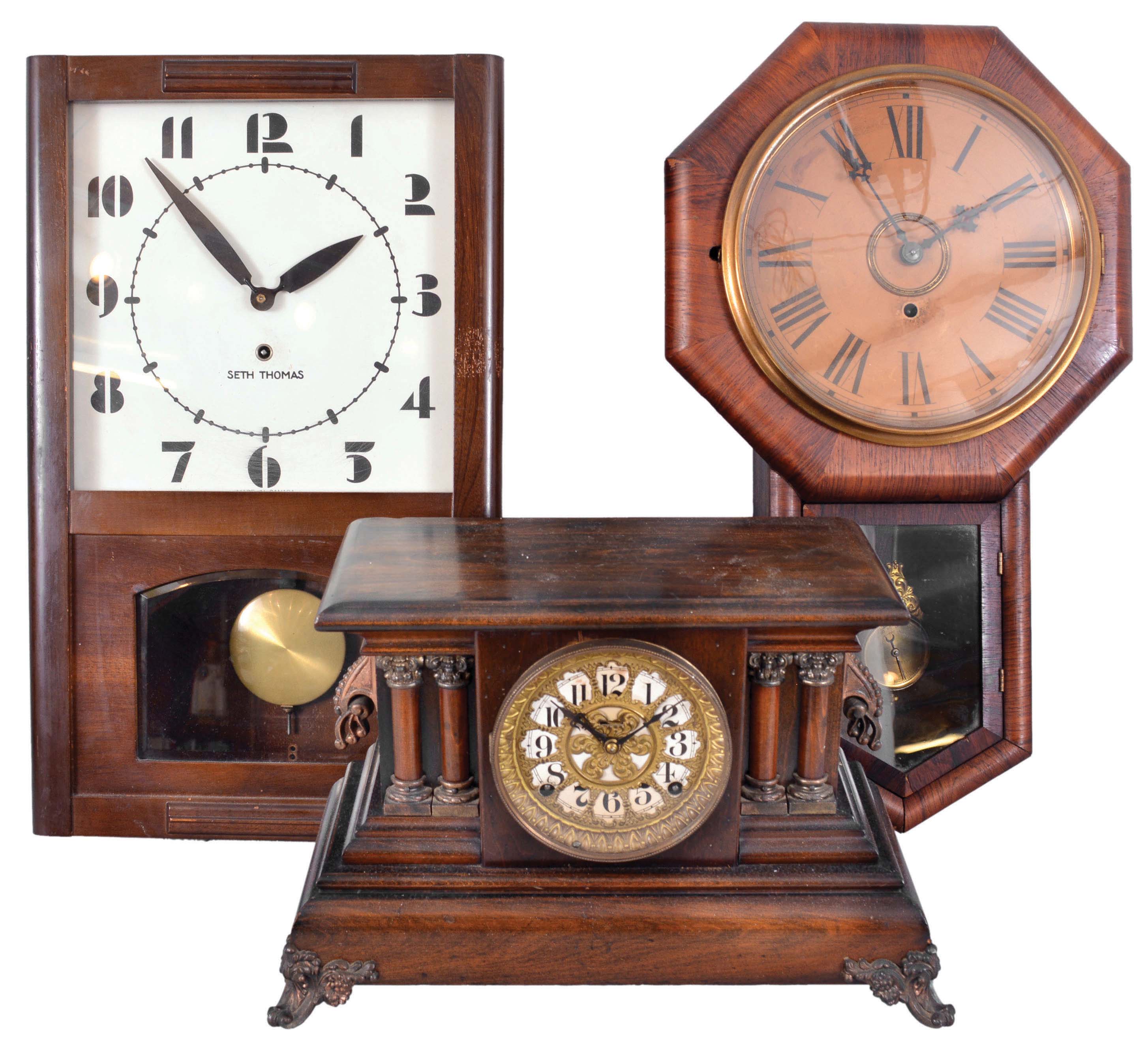 Clocks- 5 (Five) American Wood Case: variety of clocks including a Seth Thomas wall clock similar to the "Observer", c1935, a Sessions "Grand No. 2" pressed oak kitchen clock, a school house timepiece, c1910, a Sessions "Sudbury" tambour, c1936, and an "Adrian" refinished mantel clock by Ingraham, c1910. Lot also includes two glass domes, case for a large Self-Winding Clock Co. signed "Naval Observatory Time / Western Union" hanging gallery clock, and some watch trays. — Antique Clocks Price Guide