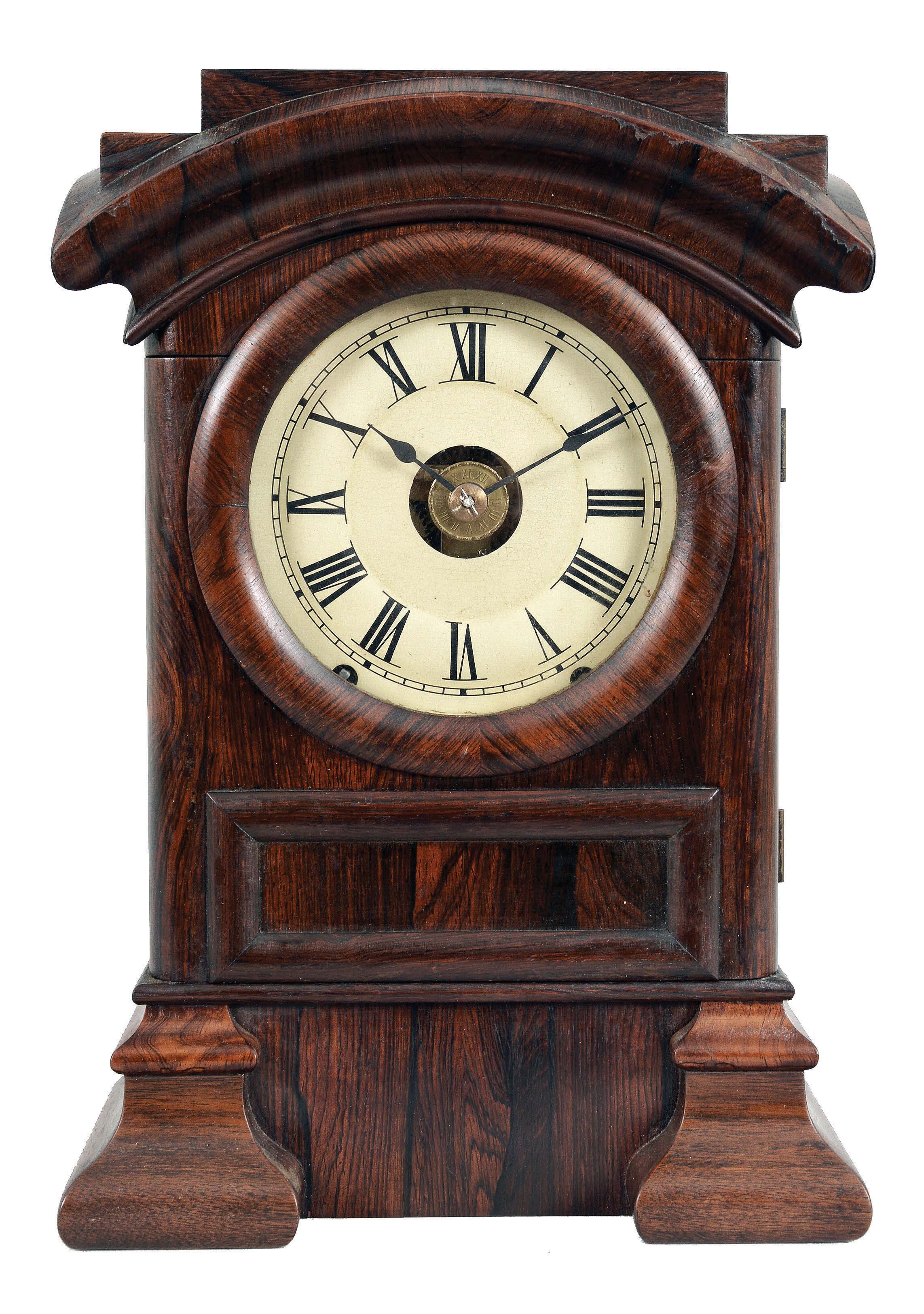 Seth Thomas Clock Co., Thomaston, Conn., "Arch Top" mantel clock, 8 day, time and strike with alarm, spring-driven movement in a burl walnut case with painted metal dial, c1880. — Antique Clocks Price Guide