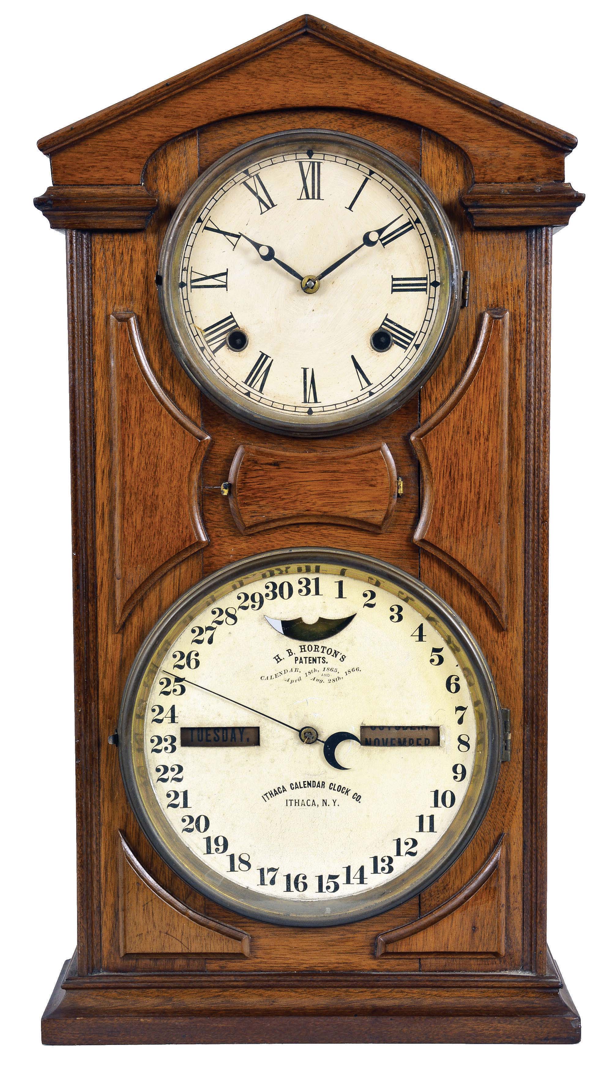 Ithaca Calendar Clock Co., Ithaca, New York, "Shelf Cottage No. 7" double dial calendar clock, 8 day, time and strike, spring-driven movement signed Noah Pomeroy with Horton's patent calendar mechanism in a walnut case. — Antique Clocks Price Guide