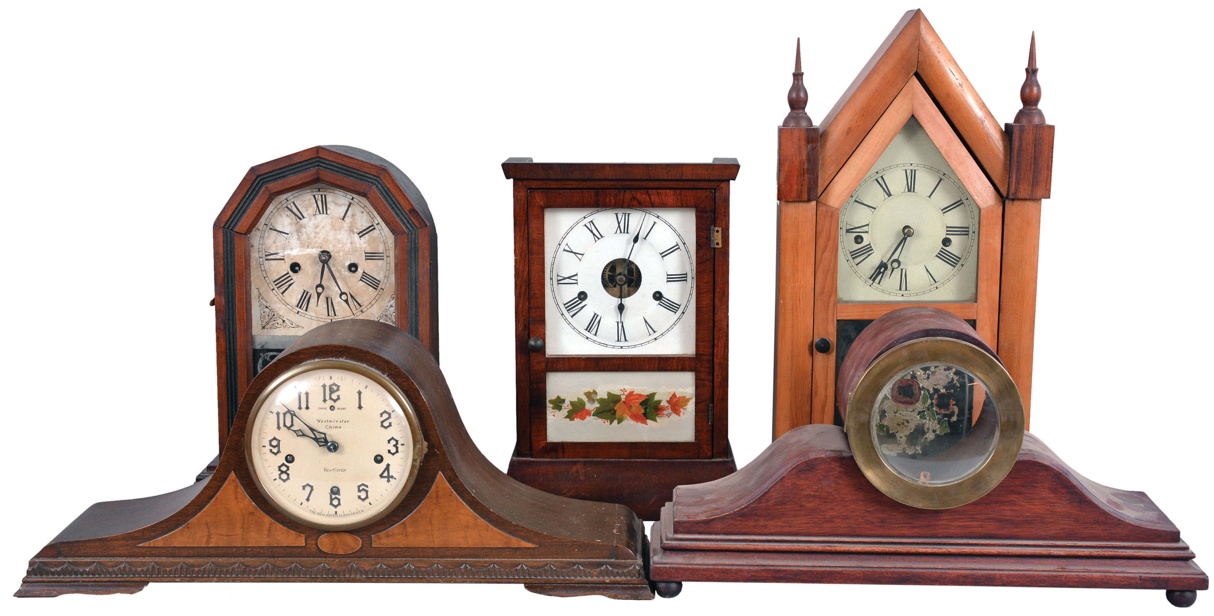 Clocks- 12 (Twelve) Wood Case Mantel: an assortment of 8 day and 30 hour clocks, many striking, with makers including New Haven, Waterbury, Gilbert, Seth Thomas, Atkins, and others in tambour, steeple, walnut parlor, octagon top, cottage and other cases. One tambour case and one steeple case are also included. — Antique Clocks Price Guide
