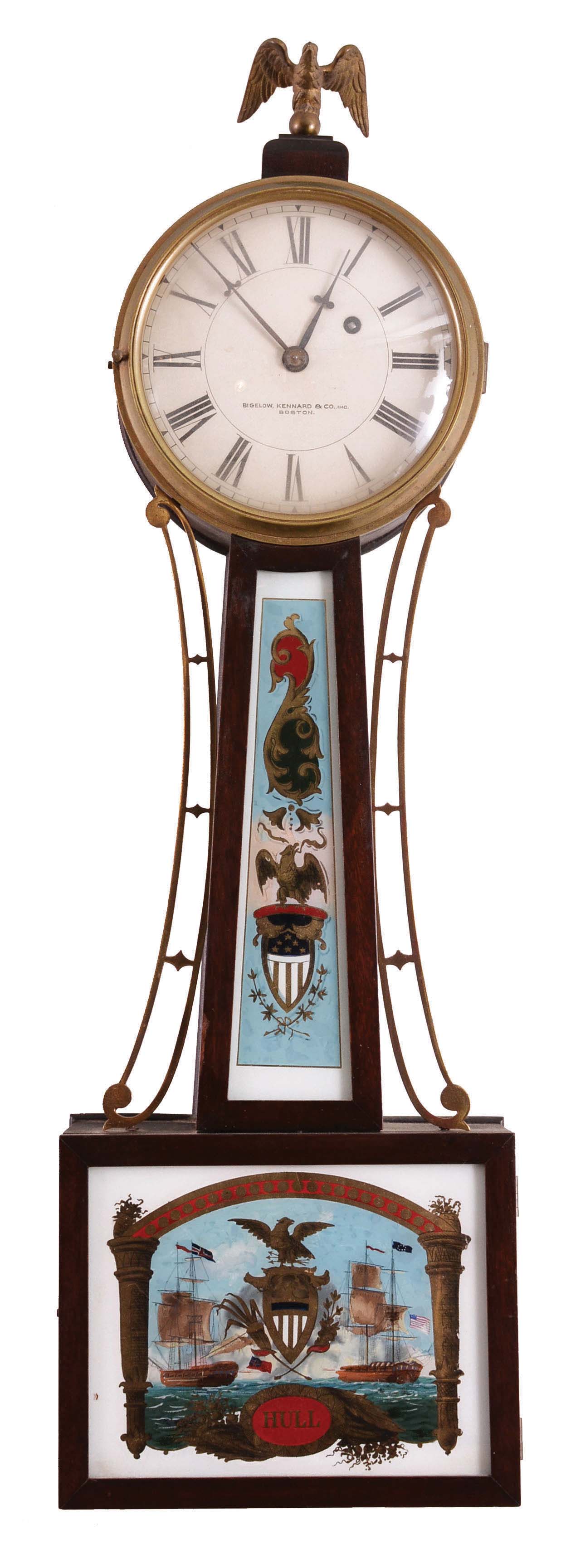 Derry Mfg. Co., Derry, NH, for Bigelow, Kennard &amp; Co., Boston, Patent timepiece or banjo clock, 8 day, time only, weight-driven movement in a mahogany case with painted metal dial and reverse painted glass tablets depicting Hull's Victory in a naval battle of the War of 1812, c1910. — Antique Clocks Price Guide