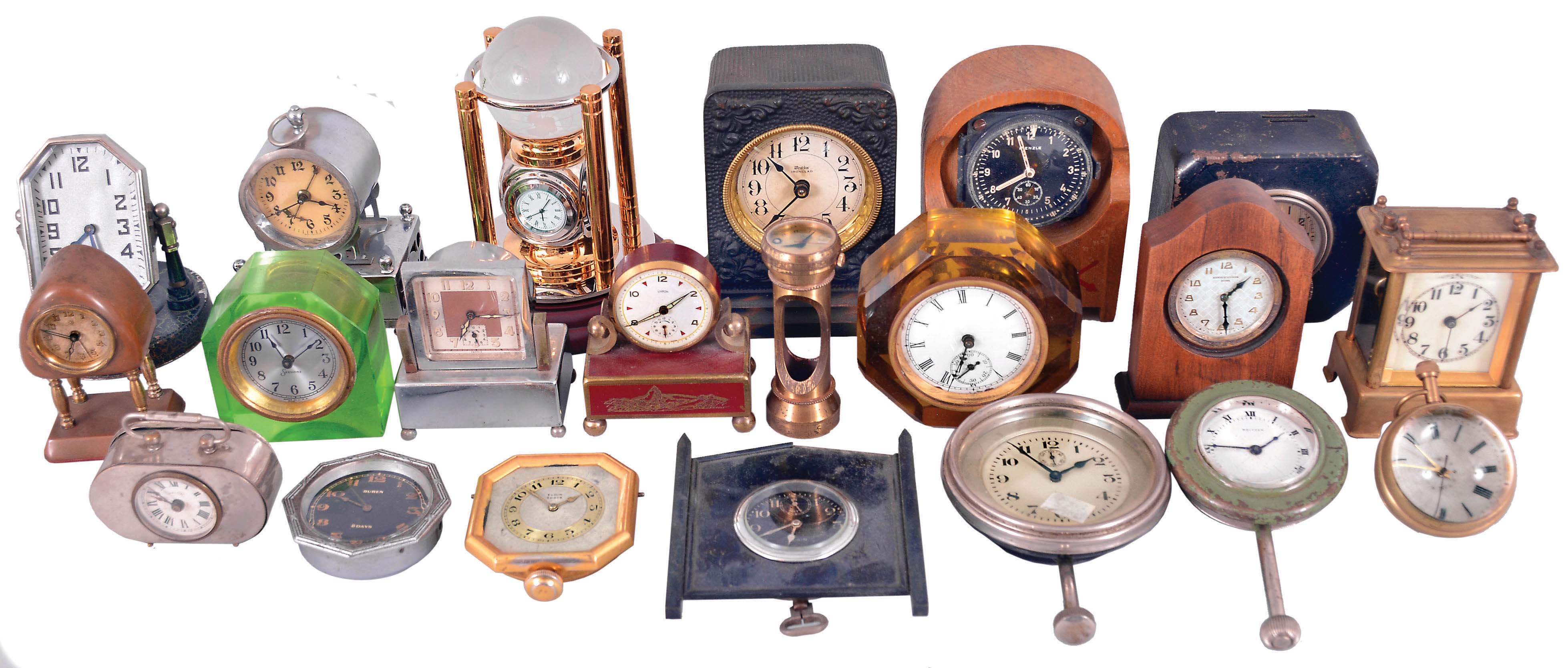 Clocks- 21 (Twenty-one) Assorted Small Clocks: wide variety of antique and vintage desk, car, and novelty clocks by makers including Welch, Ingraham, Kienzle, Elgin, Simplon, Buren, Waterbury, and many others. — Antique Clocks Price Guide
