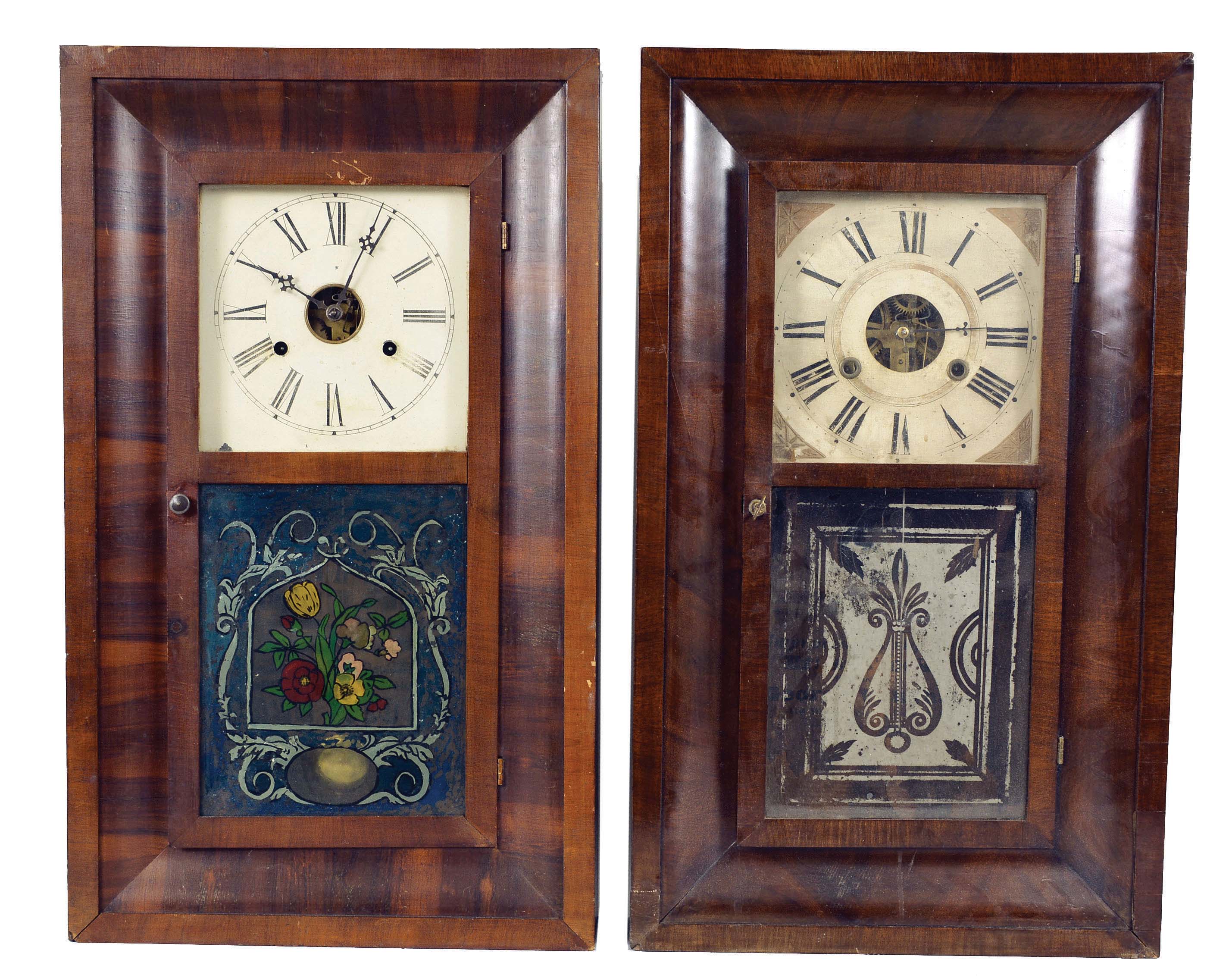 Clocks- 7 (Seven) Weight-driven American mantel: an assortment of four 30 hour ogees, one 8-day double door ogee and one 8-day double door OOG, and one 30-hour wooden movement in stenciled column &amp; splat wooden case. Lot includes 5 pairs of 30 hour weights. Makers include New Haven, George Marsh, Waterbury, Jonathan Frost, E. N. Welch, George Vaughan, and William S. Johnson. — Antique Clocks Price Guide