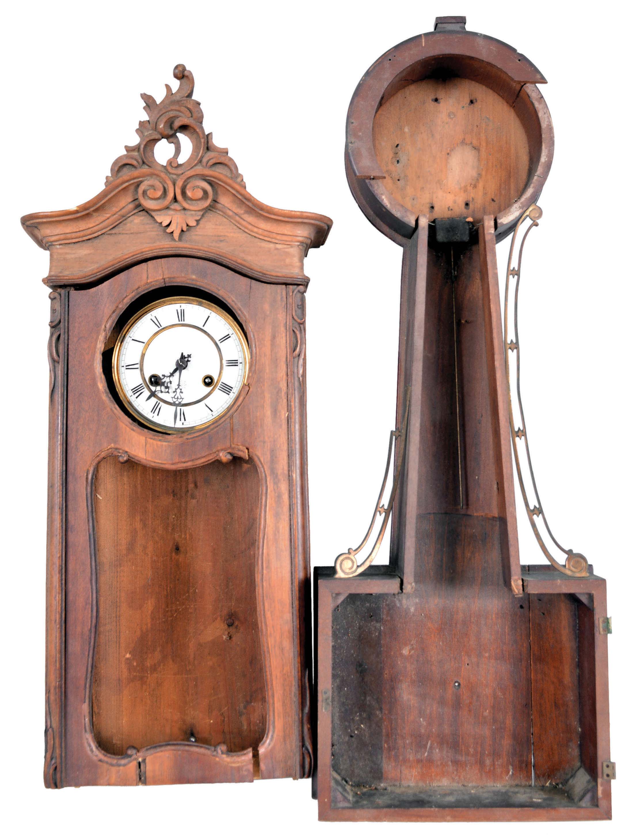 Clocks- 10 (Ten) Mantel Clocks: assorted wood and metal case mantel and shelf clocks as well as some clock cases without movements. Standouts include a Chauncey Jerome miniature Empire column &amp; cornice mantel clock mahogany veneered case and a replica brass sextant. — Antique Clocks Price Guide