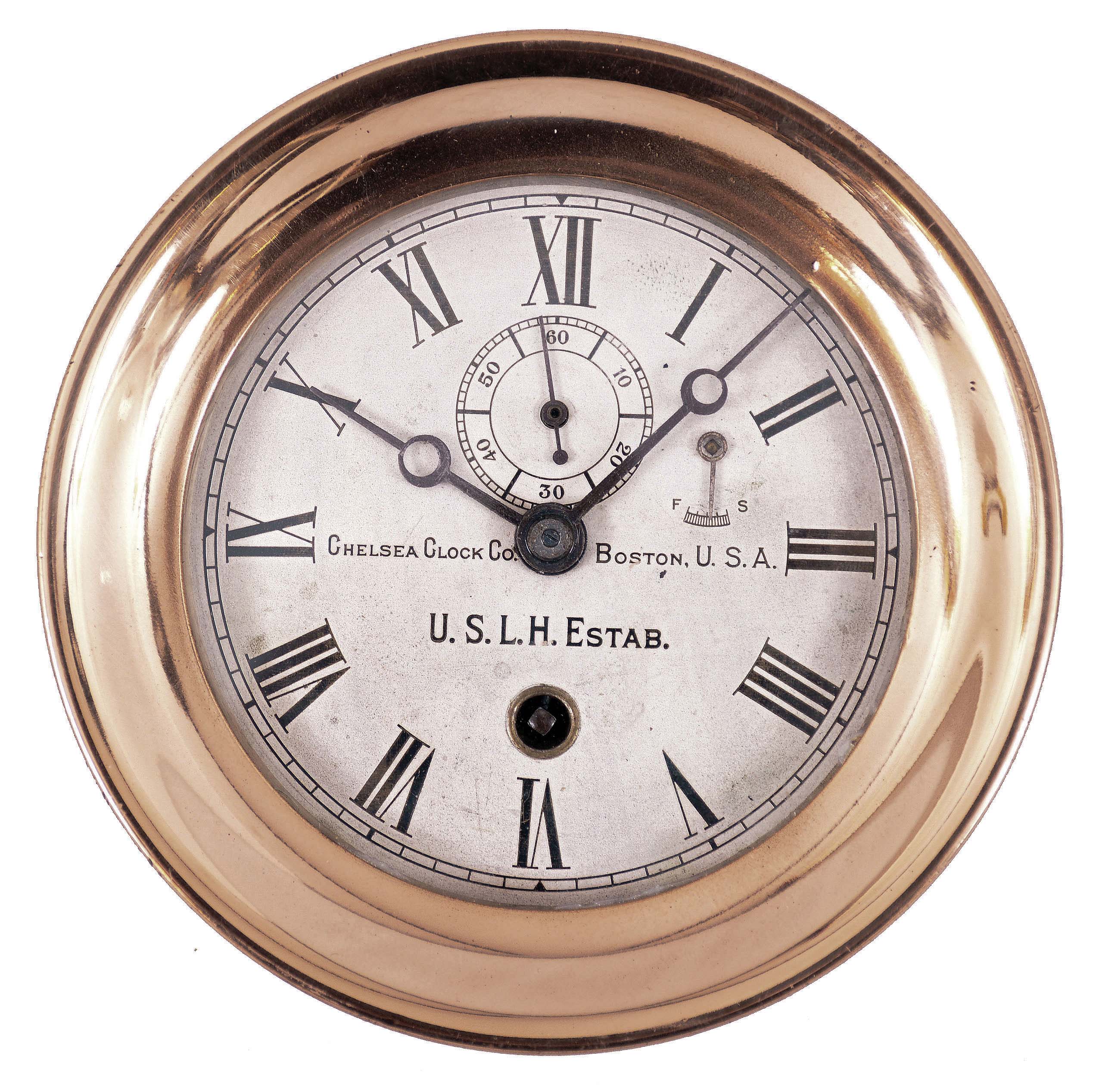 Chelsea Clock Co., Boston, Mass., for U.S. Light House Establishment, deck clock, 8 day, time only, spring-driven balance wheel movement in a brass case with screw-on bezel, 4.5 inch silvered dial with subsidiary seconds marked by Chelsea for "U.S. L. H. Estab.", movement serial number 27137. — Antique Clocks Price Guide