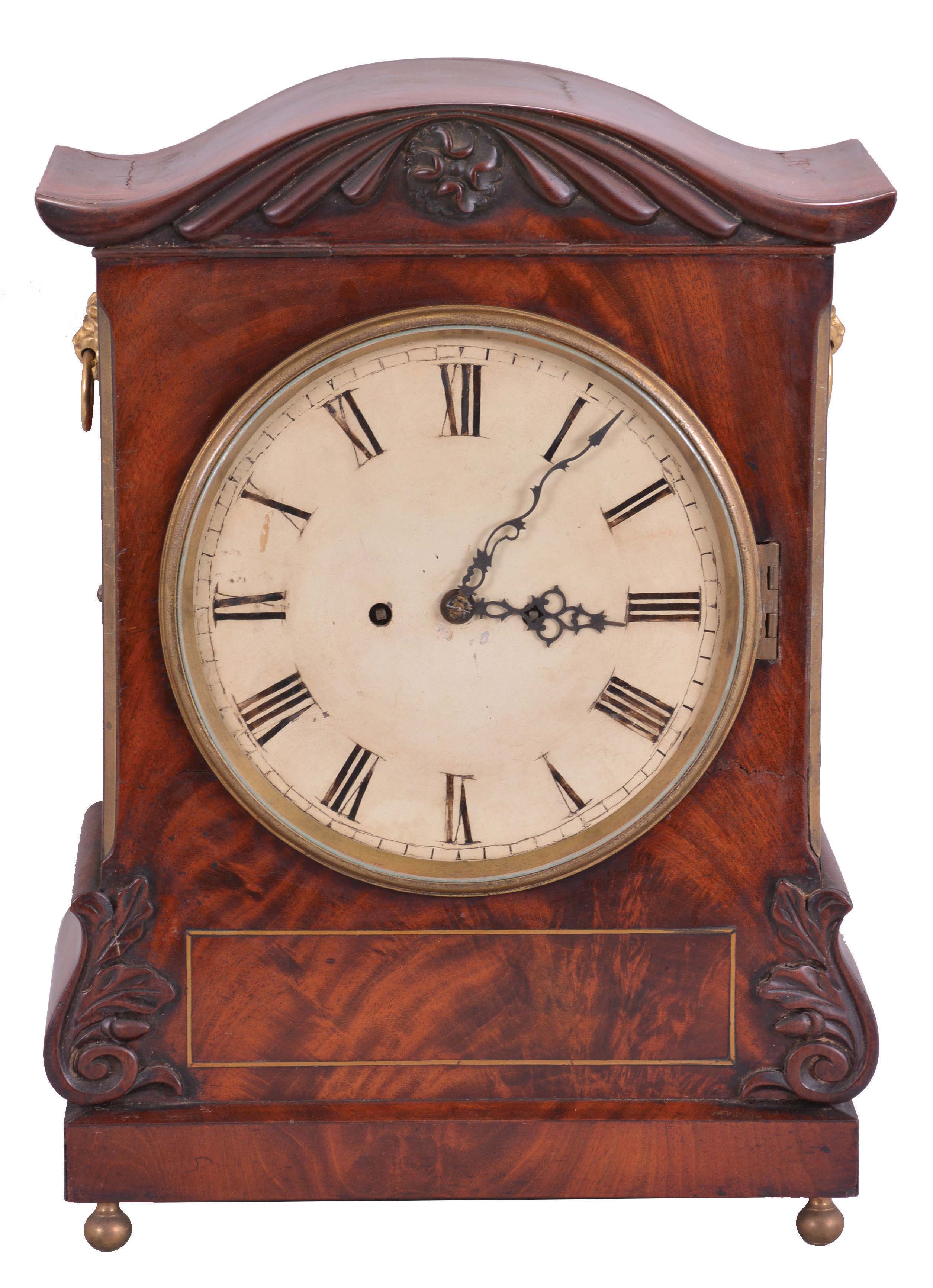 England, unsigned, 8 day, time and strike, spring fusee movement mahogany bracket with brass inlay, side grills, feet and side handles, c1890. — Antique Clocks Price Guide