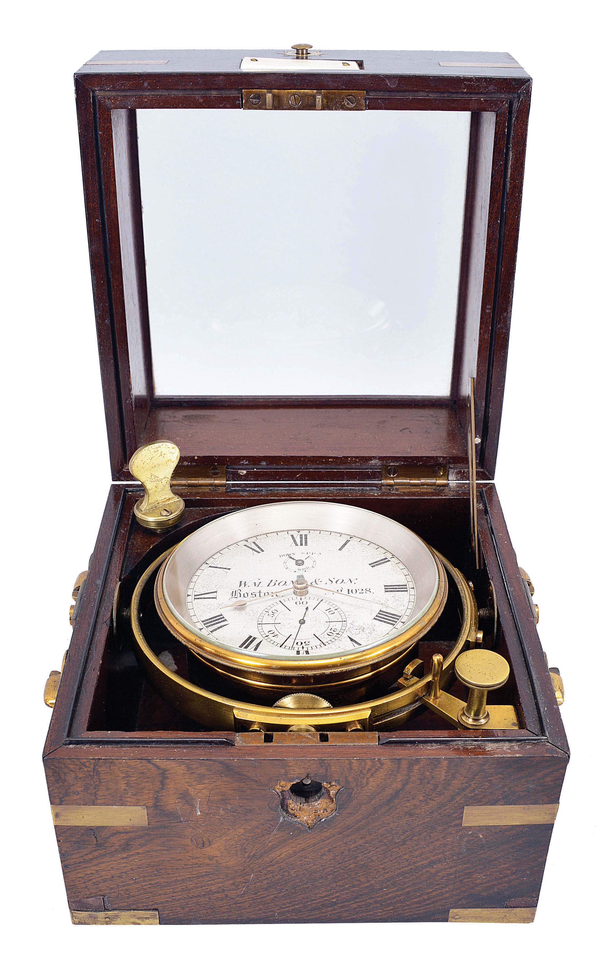 Wm. Bond &amp; Son, Boston, two day marine chronometer, 11 jewel fusee movement with decorative scraping, Earnshaw's escapement, freesprung, cut bimetallic "Z" balance, diamond endstone, and blued steel helical balance spring, Roman numeral silvered dial with wind indicator and gold spade and poker hands, with gimballed, lacquered brass bowl, and contained in a two tier rosewood box with brass furniture, serial #1028 — Antique Clocks Price Guide