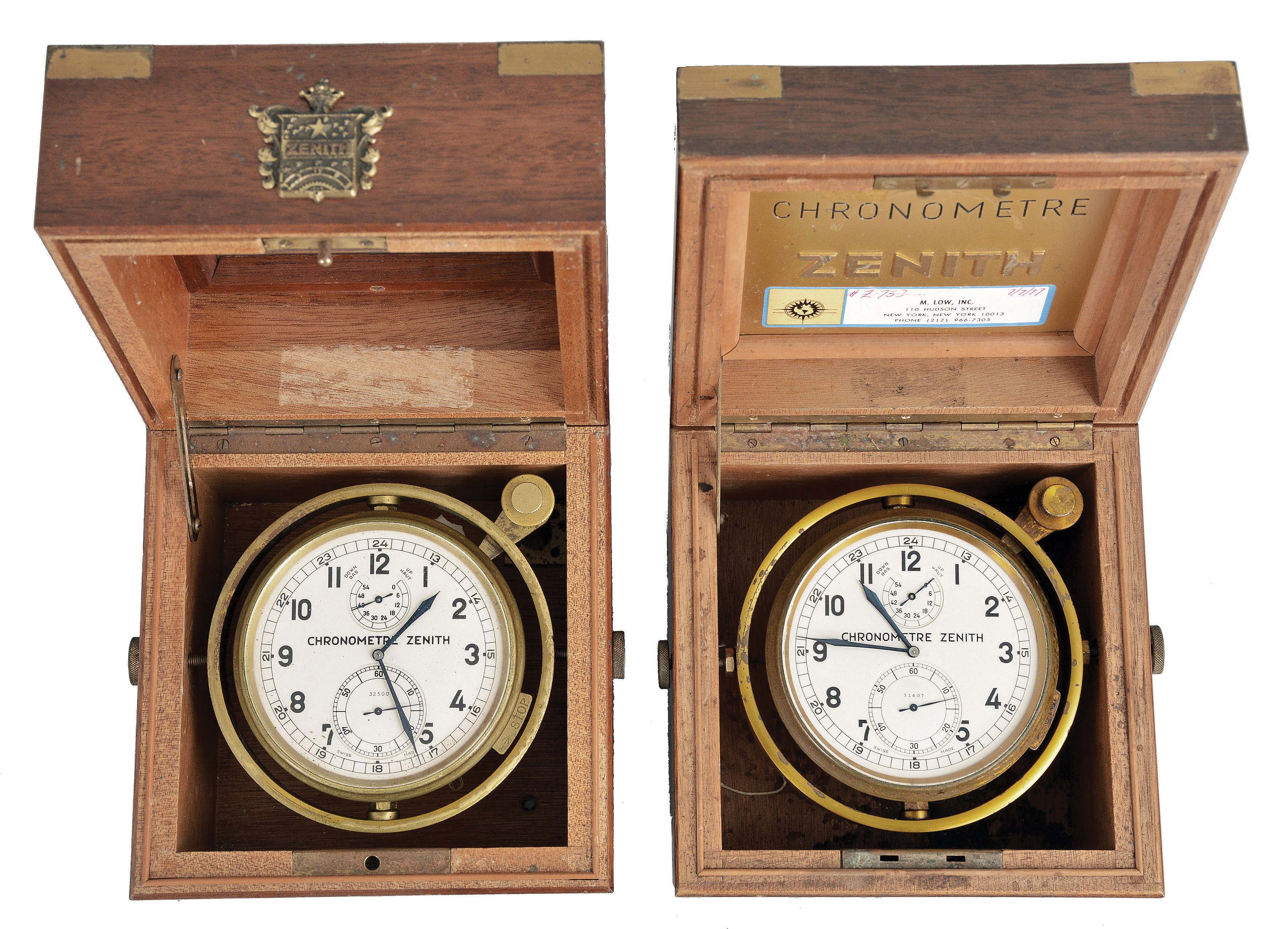 Chronometers- 2 (Two), both Zenith, two day, gilt, rim wind and set, 19 jewel movements, Arabic numeral silvered dials with blued steel hands, contained in lacquered brass bowls and gimbals, with mahogany two tier boxes, one with glazed top, and one with original rate certificate — Antique Clocks Price Guide
