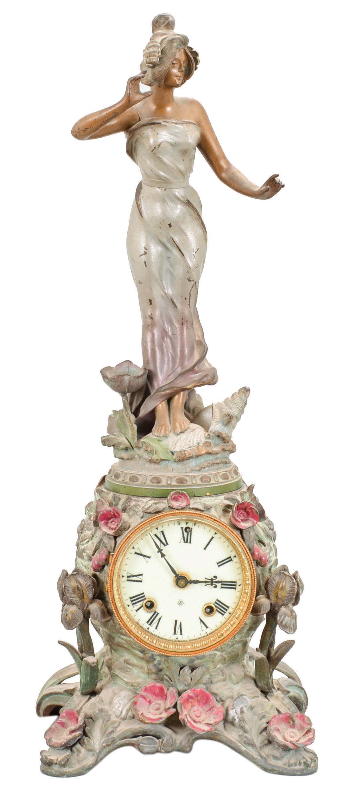 Ansonia Clock Co., New York, "Fleur De Lys" base and "No. 1176" figure shelf clock with a spring driven, 8 day, time and half hour strike movement in a cast spelter case with a nice original Grecian verde finish. — Antique Clocks Price Guide