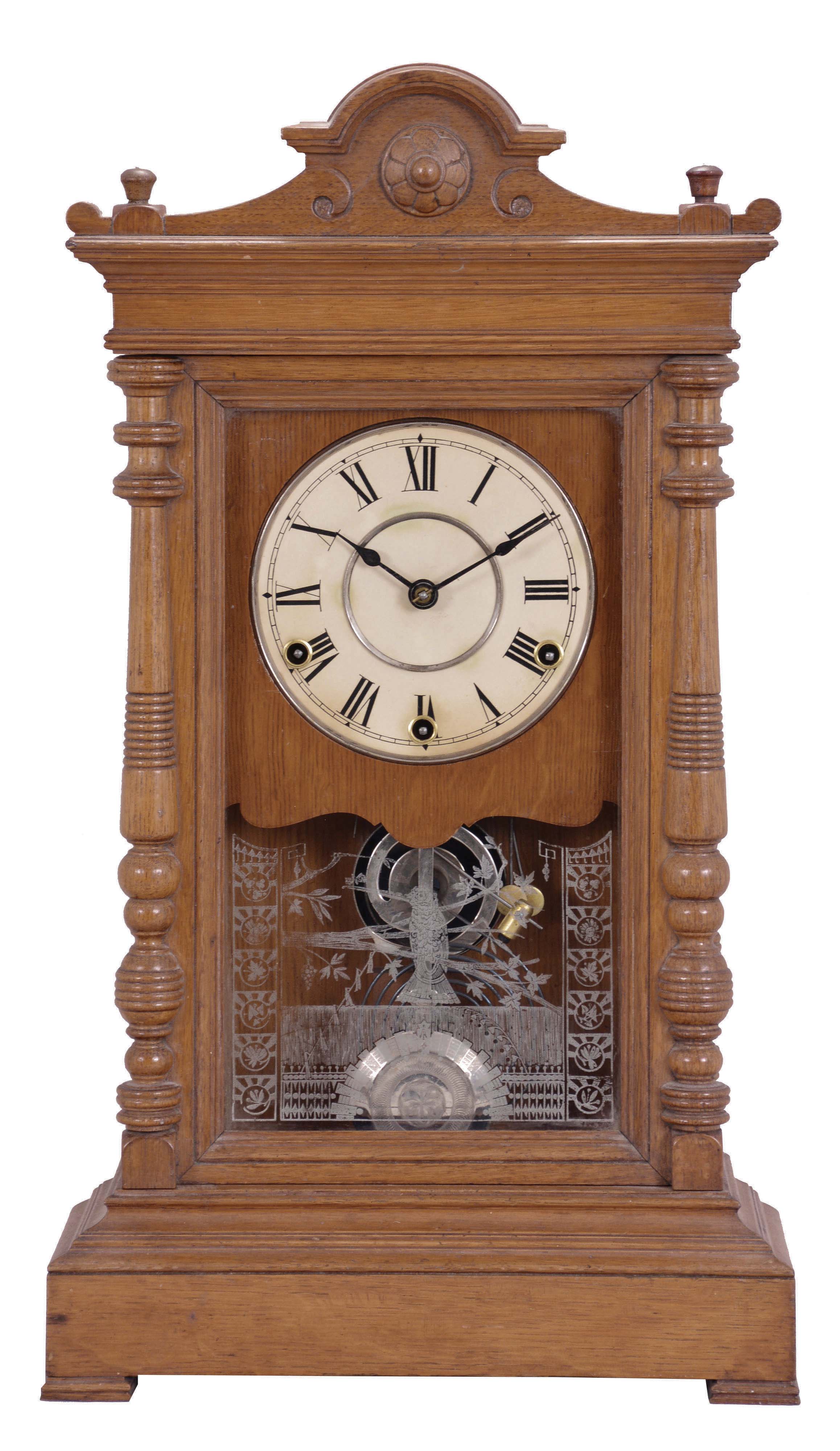 Seth Thomas Clock Co., Thomaston, Conn., "Atlas" shelf clock with a spring driven time and quarter strike movement in an oak case. — Antique Clocks Price Guide