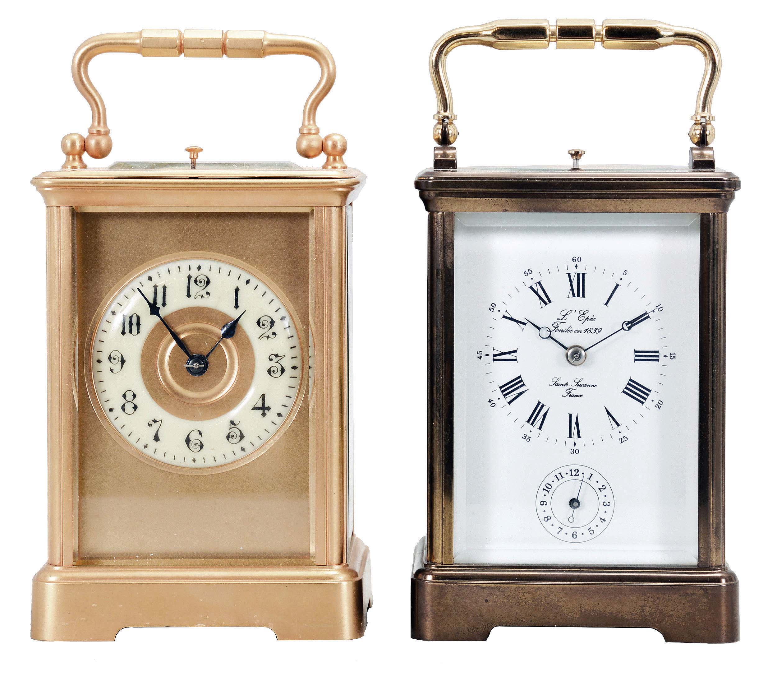 Carriage clocks- 2 (Two), both French, the first with glazed, gilt Corniche case marked "Tiffany &amp; Co.", Arabic numeral white enamel dial with gilt mask and center, blued steel hands, two train movement with cylinder platform, striking the hours and half hour in passing, and repeating the last hour on demand, c1910, the other signed L'Epee, glazed Corniche case, polychrome enamel side panels, one with a young woman in a landscape, the other with nude female bathers, roman numeral white enamel dial, blued steel Breguet style hands, two train movement with lever platform, striking the hours and half hour in passing, and repeating the last hour on demand, c1980 — Antique Clocks Price Guide
