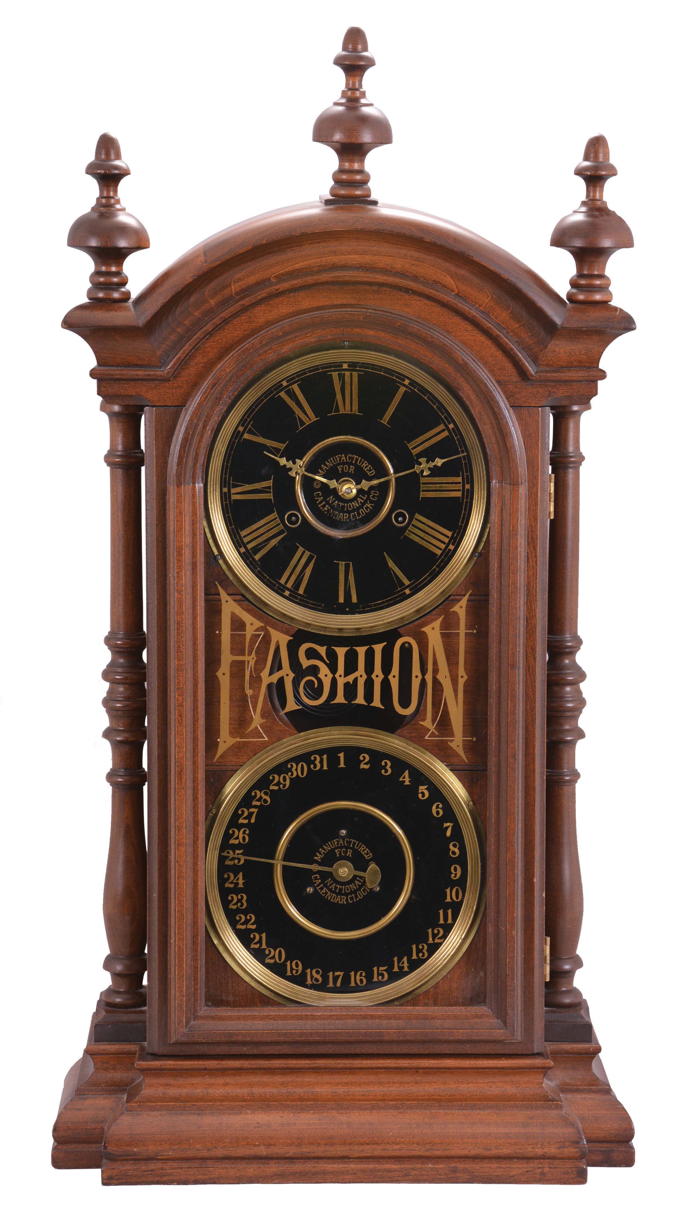 National Calendar Clock Co., "Fashion" shelf clock with a spring driven, 8 day, time and half hour strike movement by New Haven Clock Co., with black dials and a simple calendar mechanism in a walnut case. — Antique Clocks Price Guide