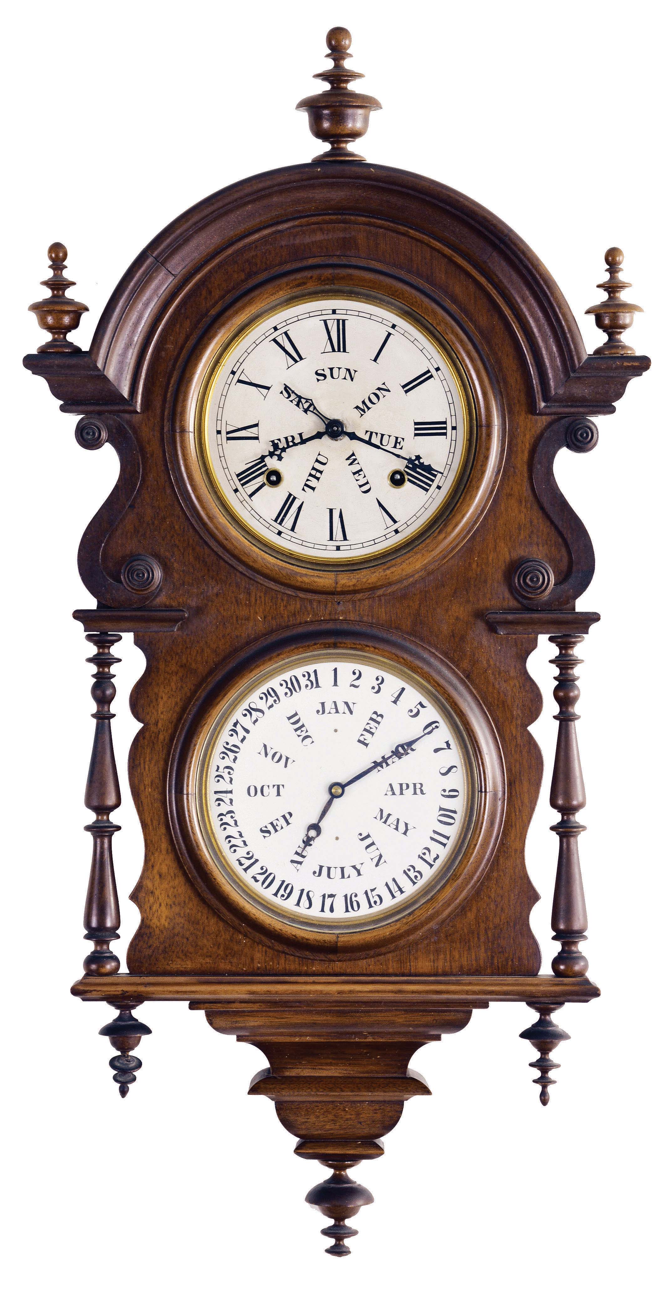Welch, Spring &amp; Co., Bristol, Conn., "Wagner, B.W. Hanging", 8 day, time and strike, spring driven brass movement double dial with B. B. Lewis calendar — Antique Clocks Price Guide