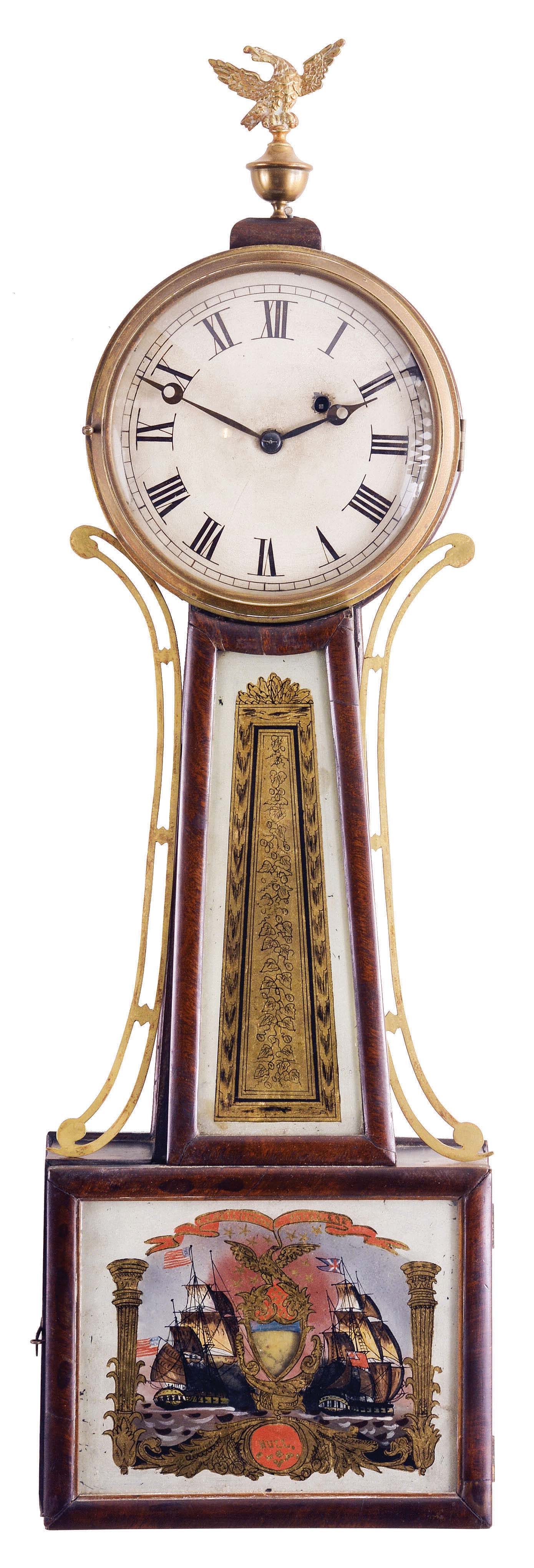 Massachusetts, Unknown, but possibly a Horace Tift, Attleboro, 8 day, weight brass movement patent or banjo timepiece. — Antique Clocks Price Guide