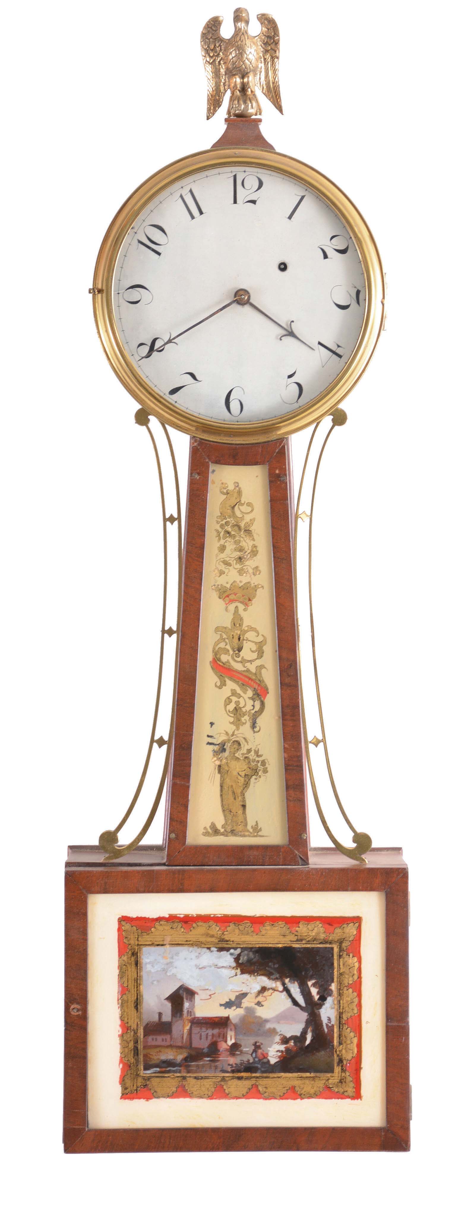 Massachusetts, likely Boston, early 8 day, weight driven brass movement patent or banjo timepiece. — Antique Clocks Price Guide