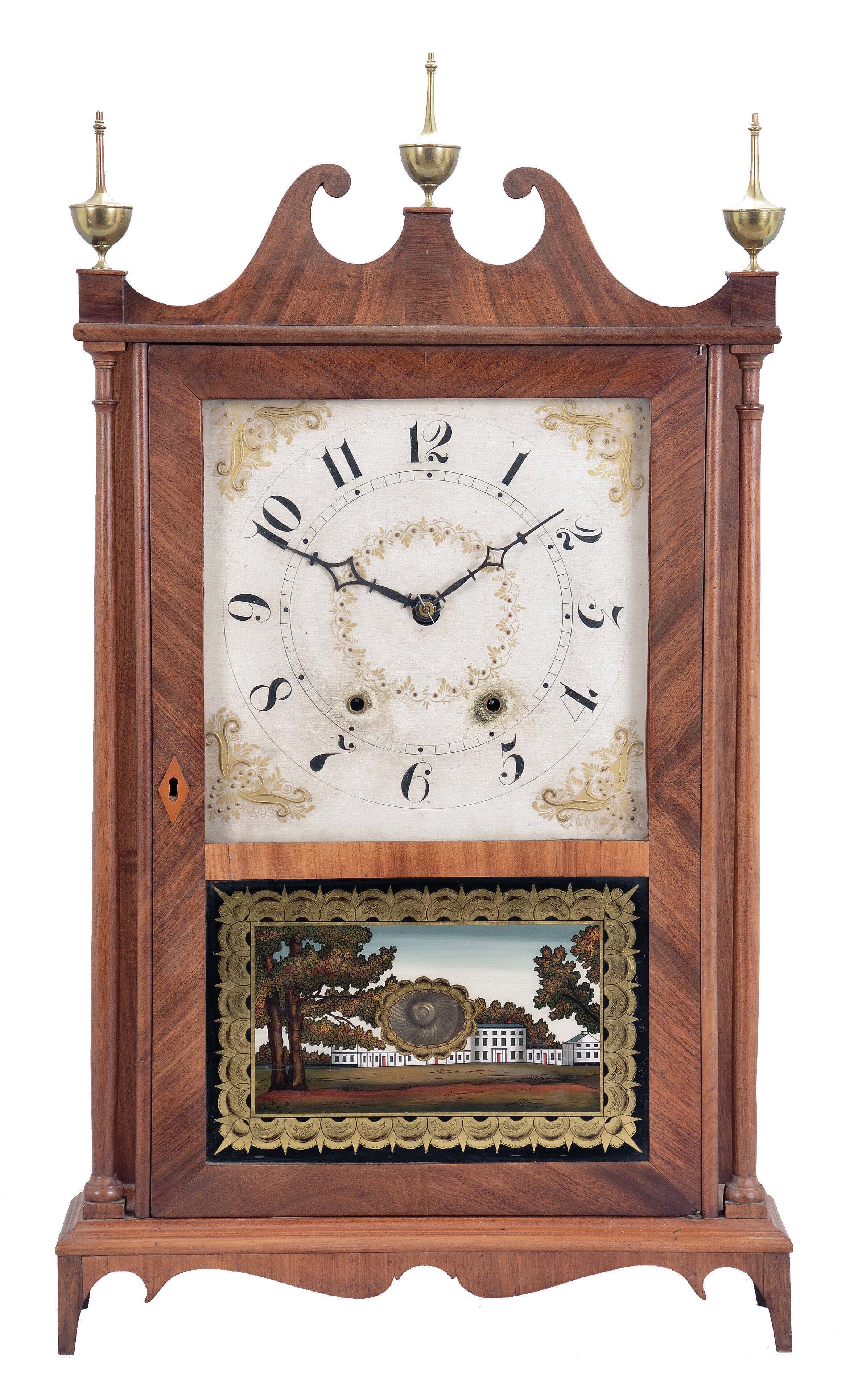 Bishop &amp; Bradley, Watertown, Conn., 30 hour, time and strike, weight wood movement pillar and scroll shelf clock. — Antique Clocks Price Guide