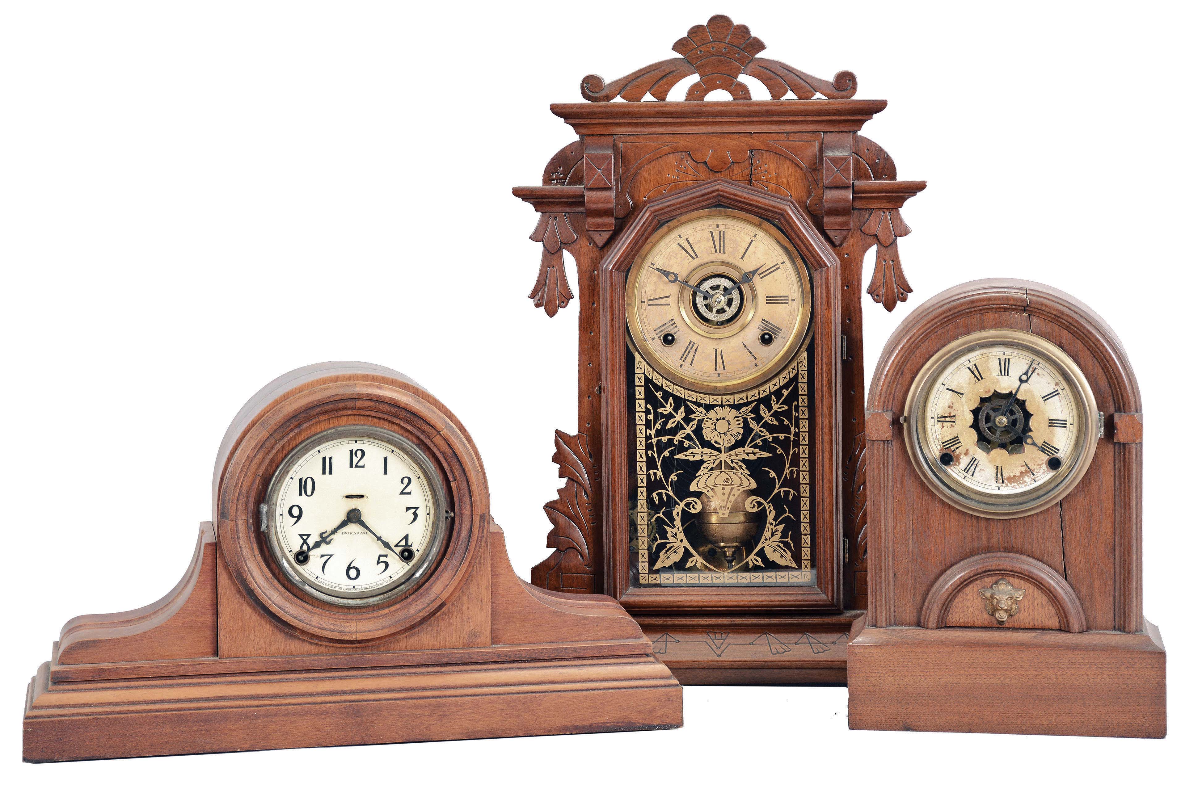 Clocks- 3 (Three): (1) E. Ingraham &amp; Co., Bristol, Conn., "Nomad", 8 day, time and strike, spring brass movement Cabinet mantel clock, c1915 (2) E. Ingraham &amp; Co., Bristol, Conn., "Crayon", 8 day, time, strike and alarm spring brass movement shelf clock, c1886 (3) F. Kroeber Clock Co., New York, "Round Top", 8 day, time, strike and alarm spring brass movement mantel clock. — Antique Clocks Price Guide