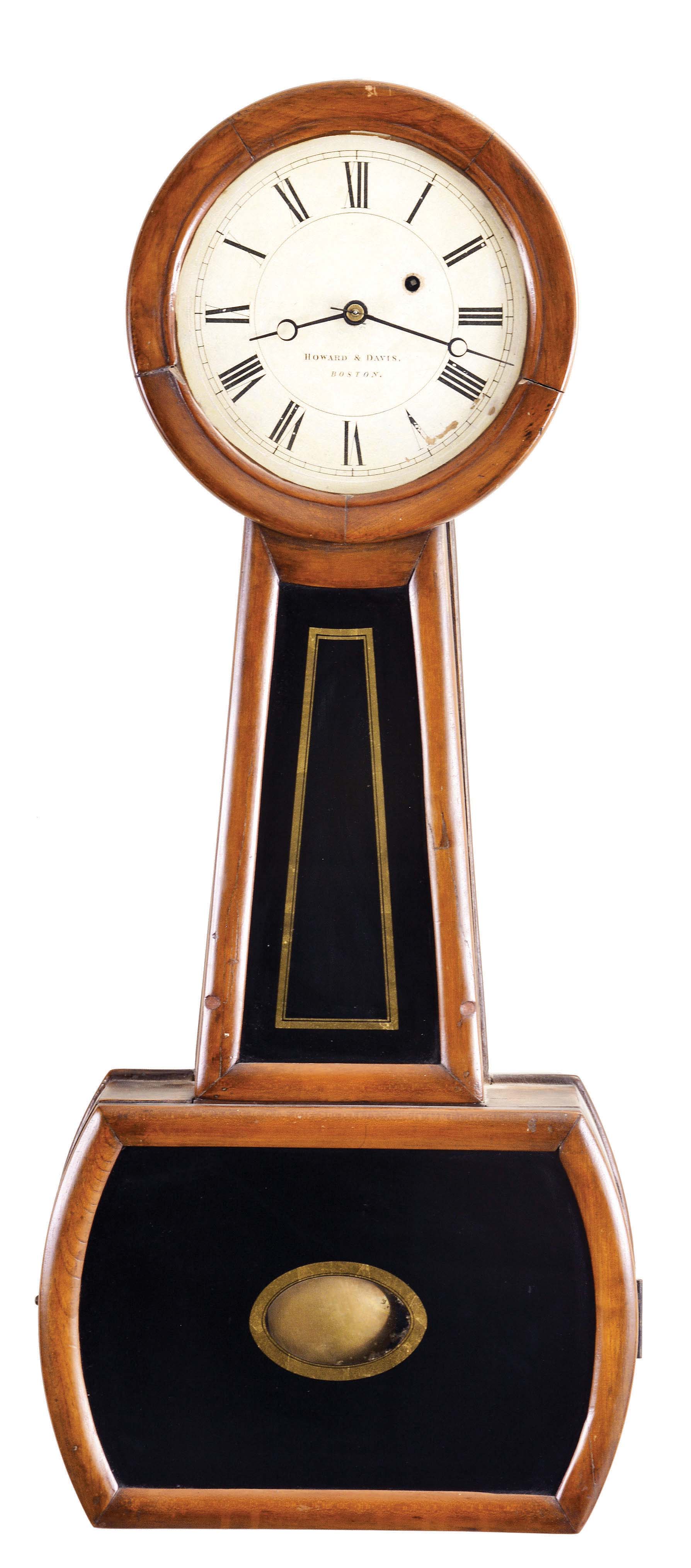 Howard &amp; Davis, Boston, Mass., "Regulator No. 4", 8 day, weight driven brass movement banjo wall timepiece. — Antique Clocks Price Guide