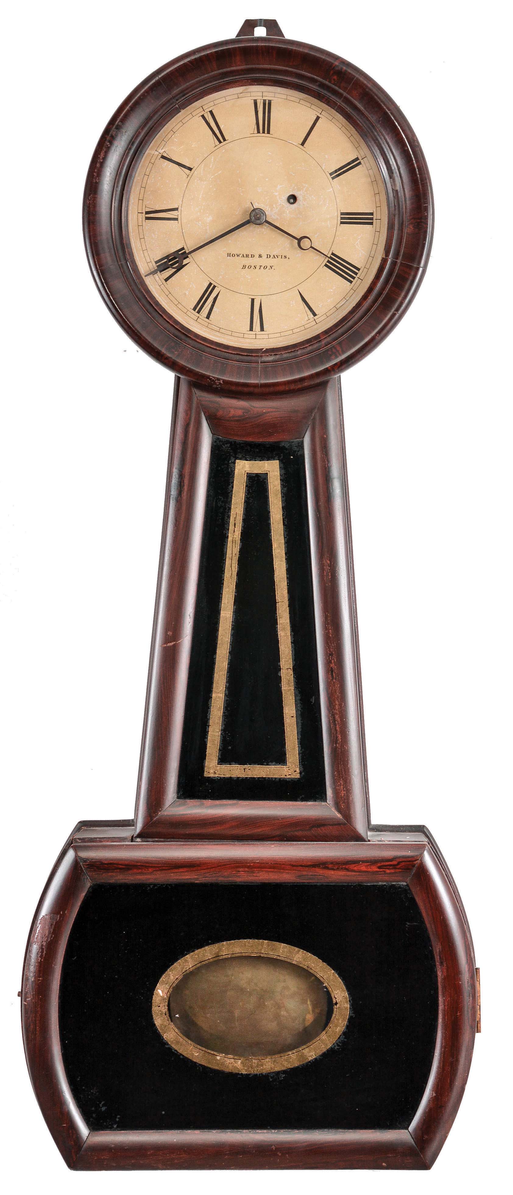 Howard &amp; Davis, Boston, Mass., "Regulator No. 2", 8 day, weight driven, brass movement banjo wall timepiece. — Antique Clocks Price Guide