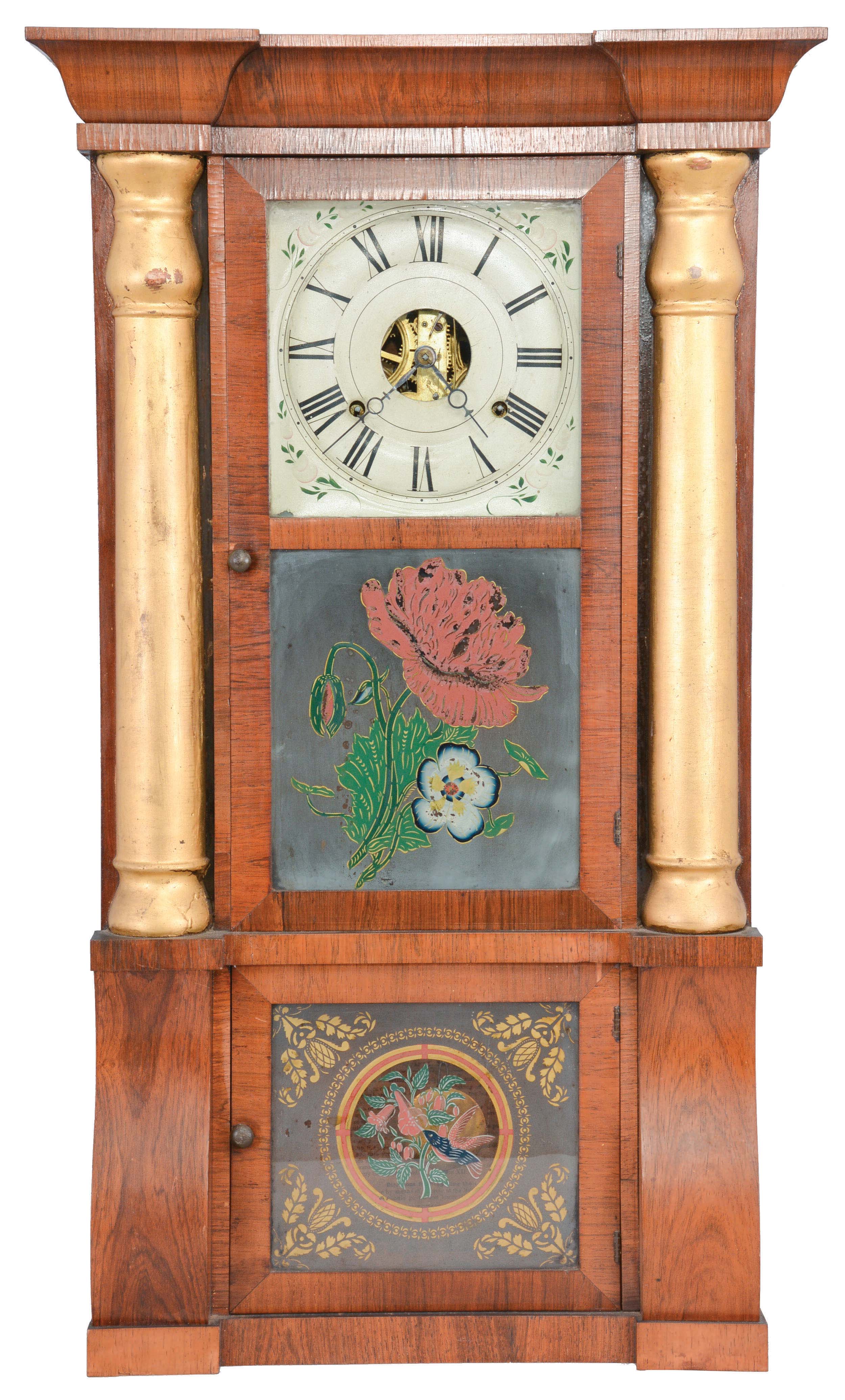 Clocks- 2 (Two): (1) Seth Thomas Clock Co., Plymouth Hollow Hollow, Conn., 8 day, time and strike "Gilt Column" weight brass movement column &amp; cornice shelf clock, c1860 (2) Ansonia Clock Co., New York, "Queen Elizabeth", 8 day, time and strike, spring brass movement wall clock, c1901. — Antique Clocks Price Guide