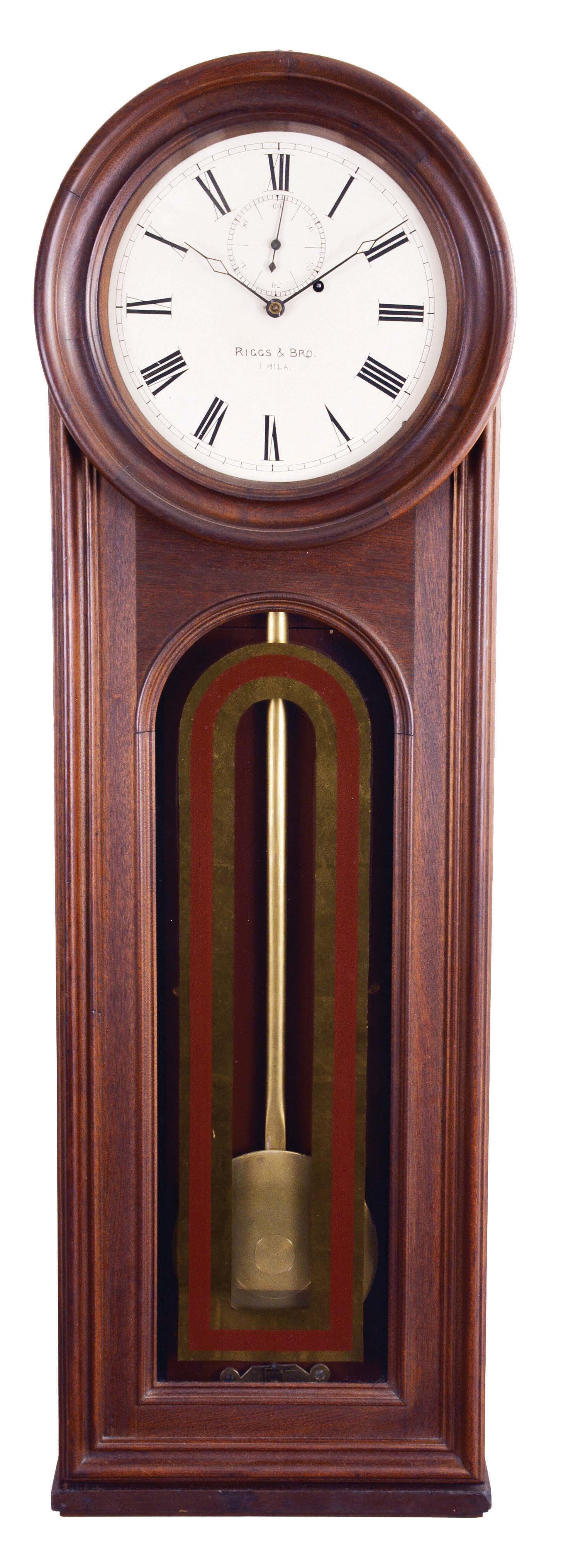 E. Howard &amp; Co., Boston, Mass., "No. 13 Regulator", wall clock, 8 day, time only, weight driven movement with damascened pendulum disc in a black walnut case with a painted metal dial signed "RIGGS &amp; BRO / PHILA." and reverse painted tablet — Antique Clocks Price Guide