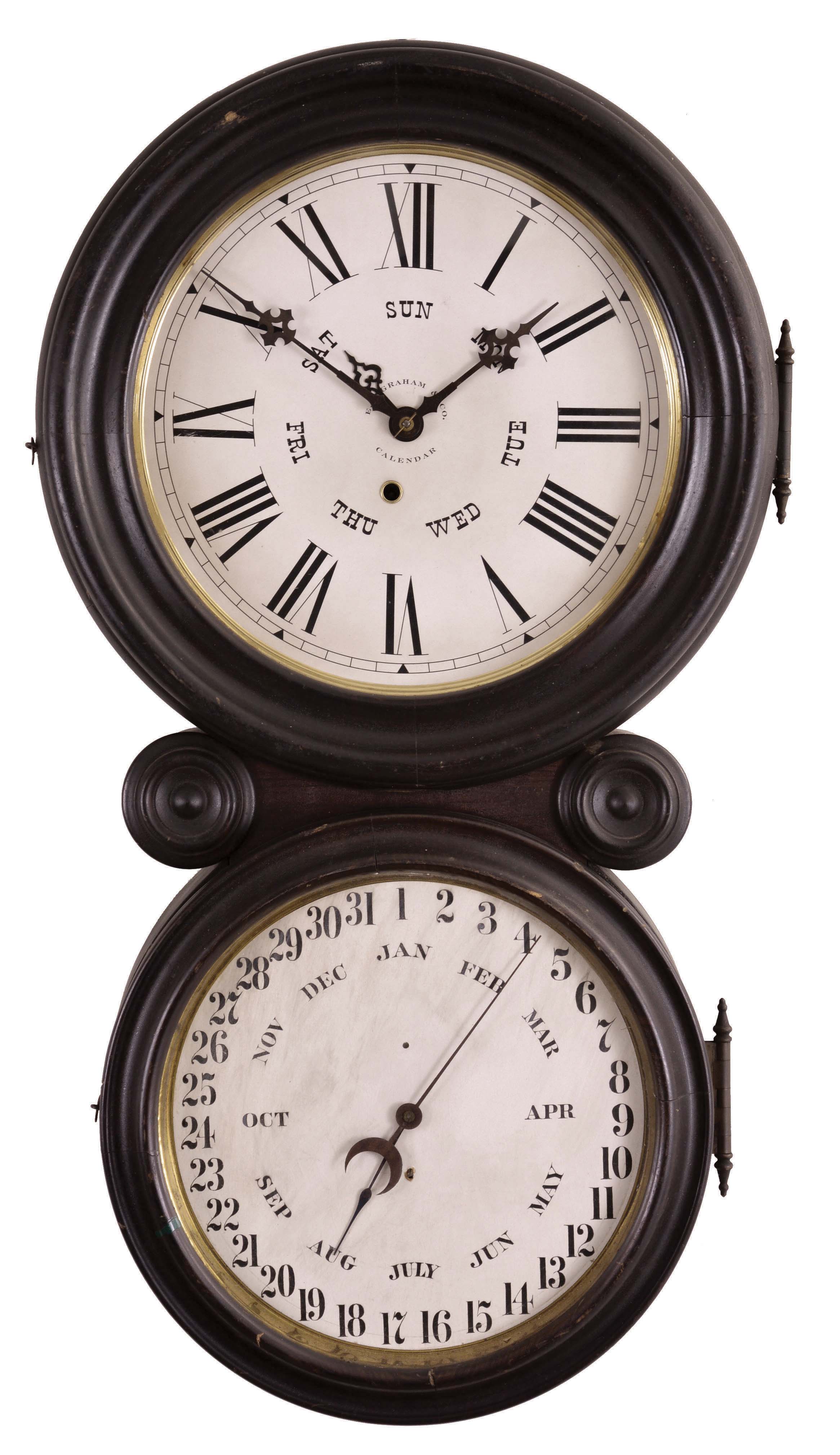 E. Ingraham &amp; Co., Bristol, Conn., "Ionic Calendar", 8 day, spring brass movement wall calendar timepiece. — Antique Clocks Price Guide